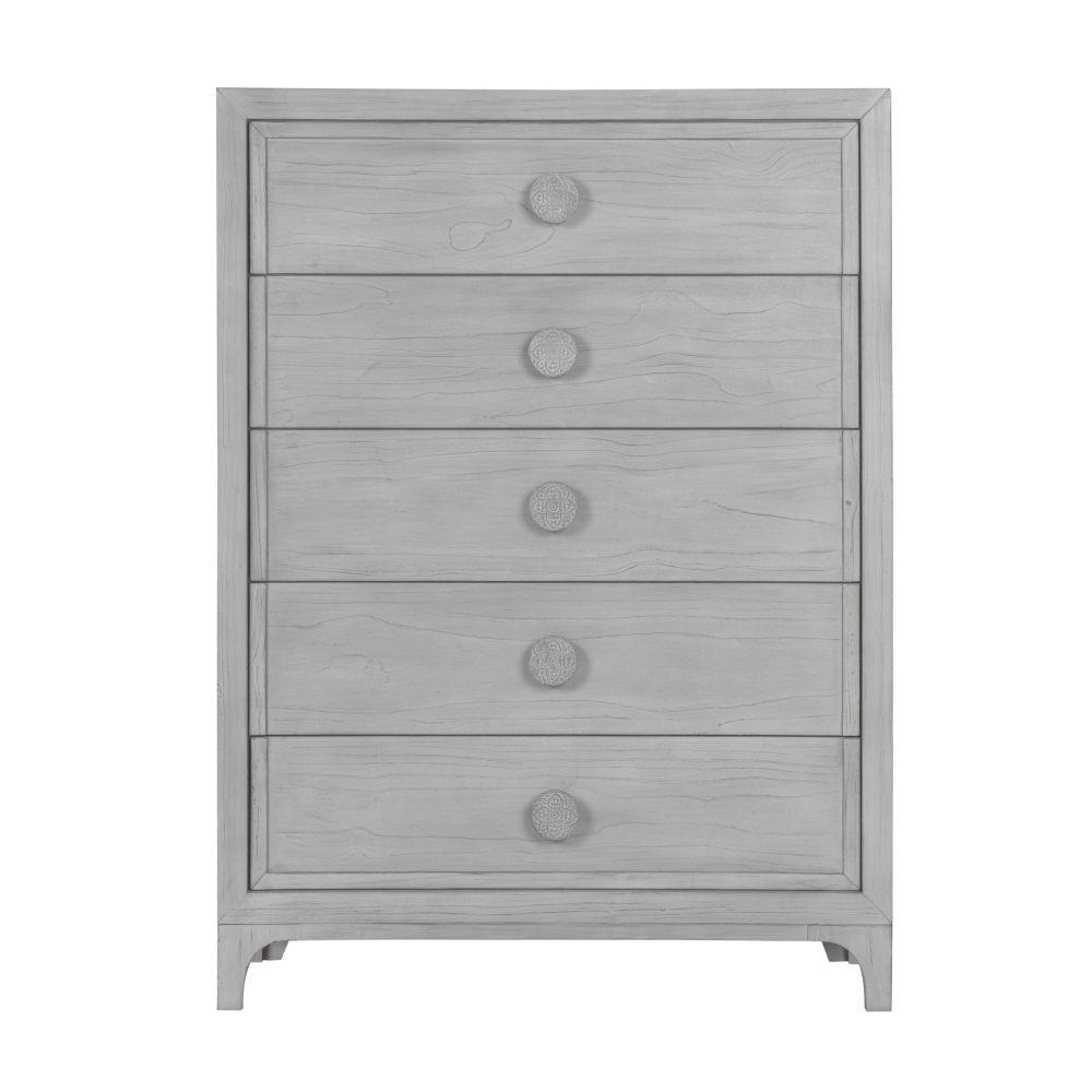 

    
Washed White Finish 5 Drawers Chest BOHO CHIC by Modus Furniture
