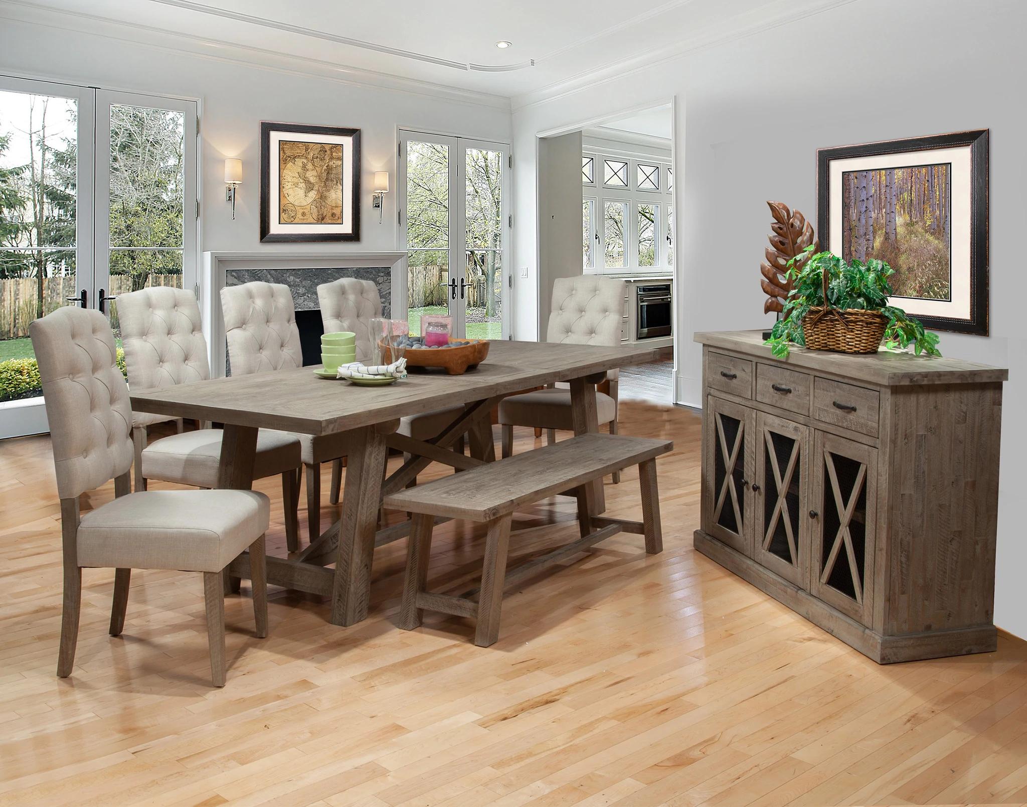 

    
Weathered Natural Extension Dining Table Set 7 NEWBERRY ALPINE Modern Rustic

