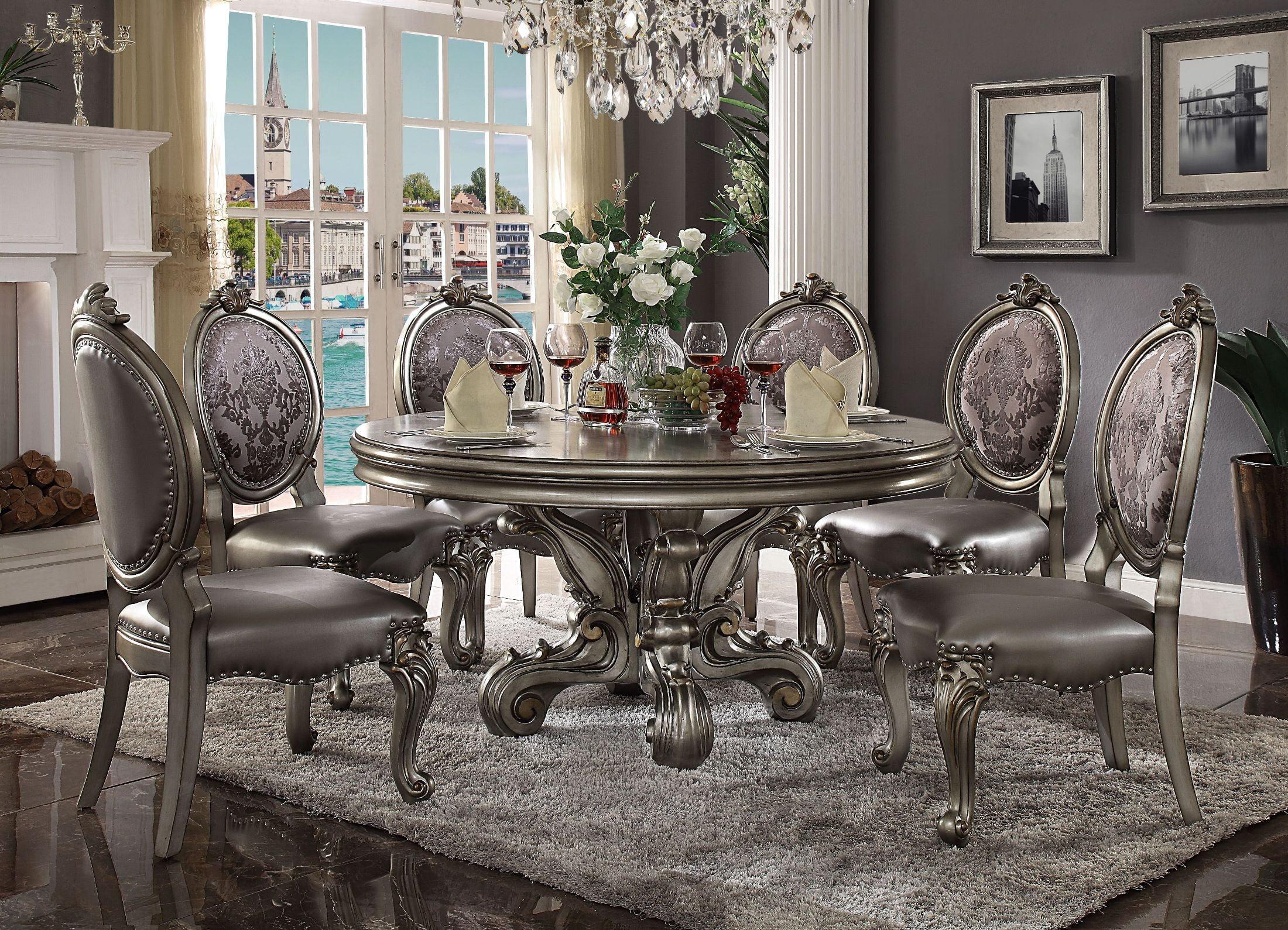 

    
Antique Platinum Carved Wood Welton Round Dining Table Set 5 Pcs Traditional
