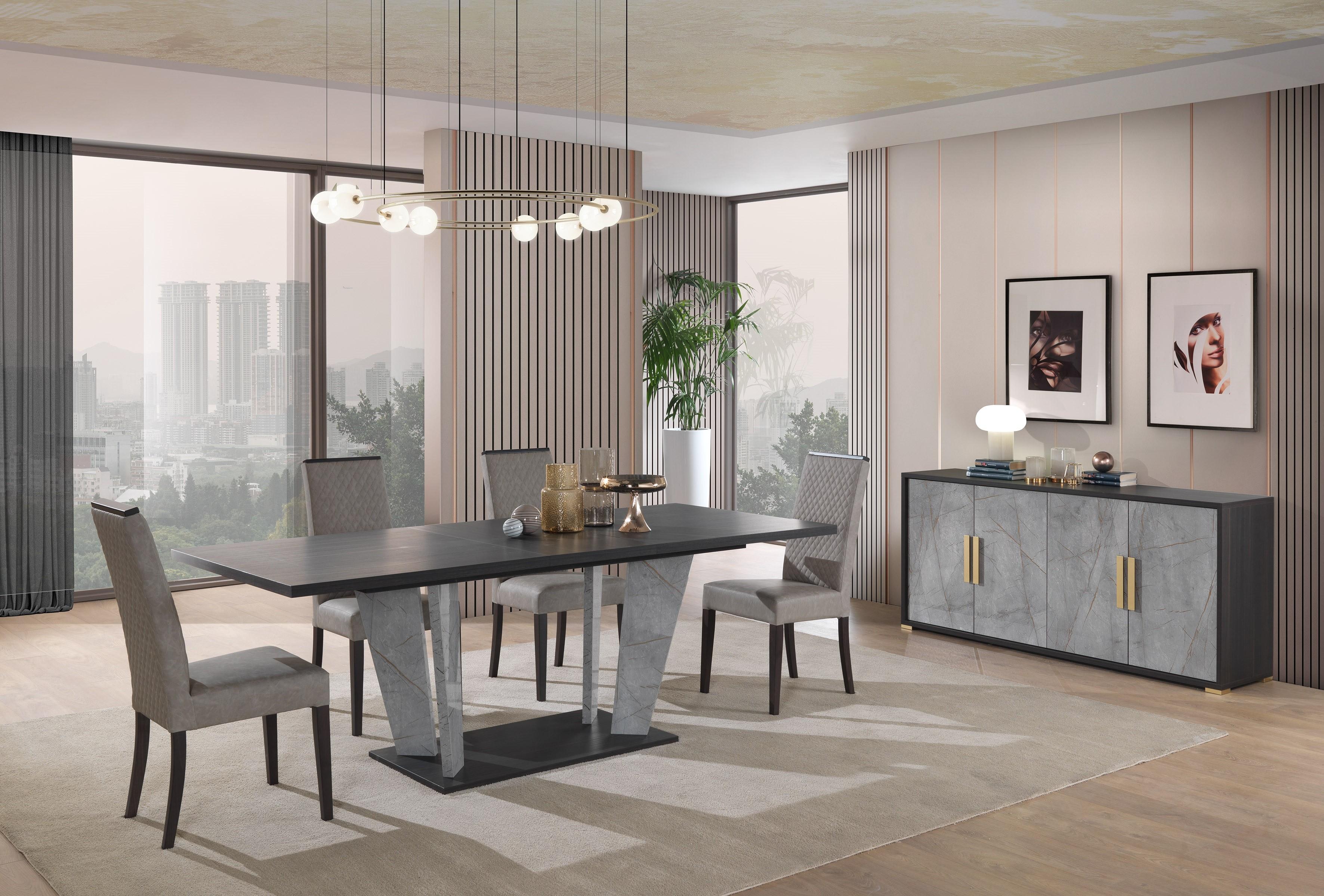 

    
Wenge Veneer & Grey Marble Dining Room Set 6Pcs J&M Furniture Travertine
