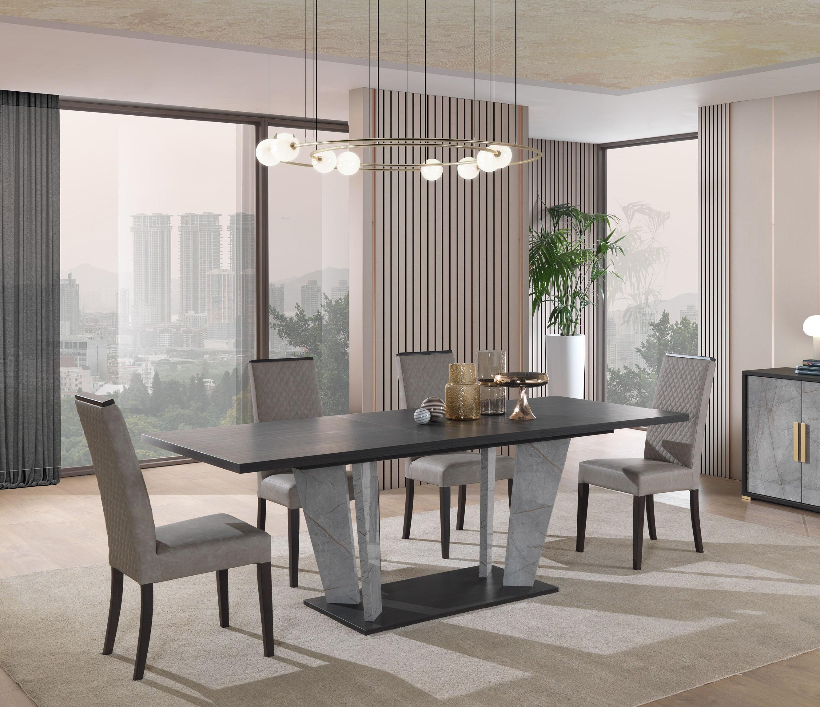

    
Wenge Veneer & Grey Marble Dining Room Set 7Pcs J&M Furniture Travertine
