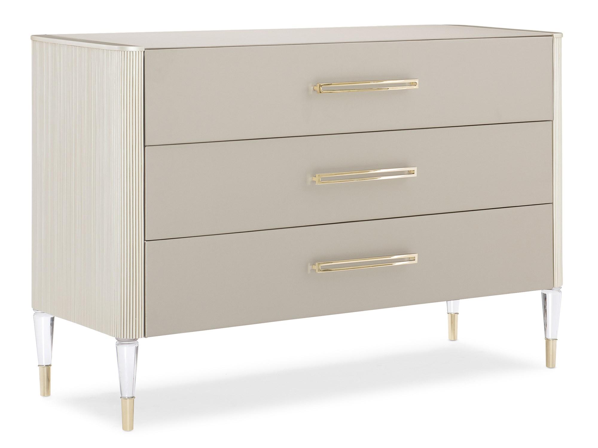 

    
Whisper of Gold & Matte Pearl Finish 3 Drawer Dresser I LOVE IT! by Caracole
