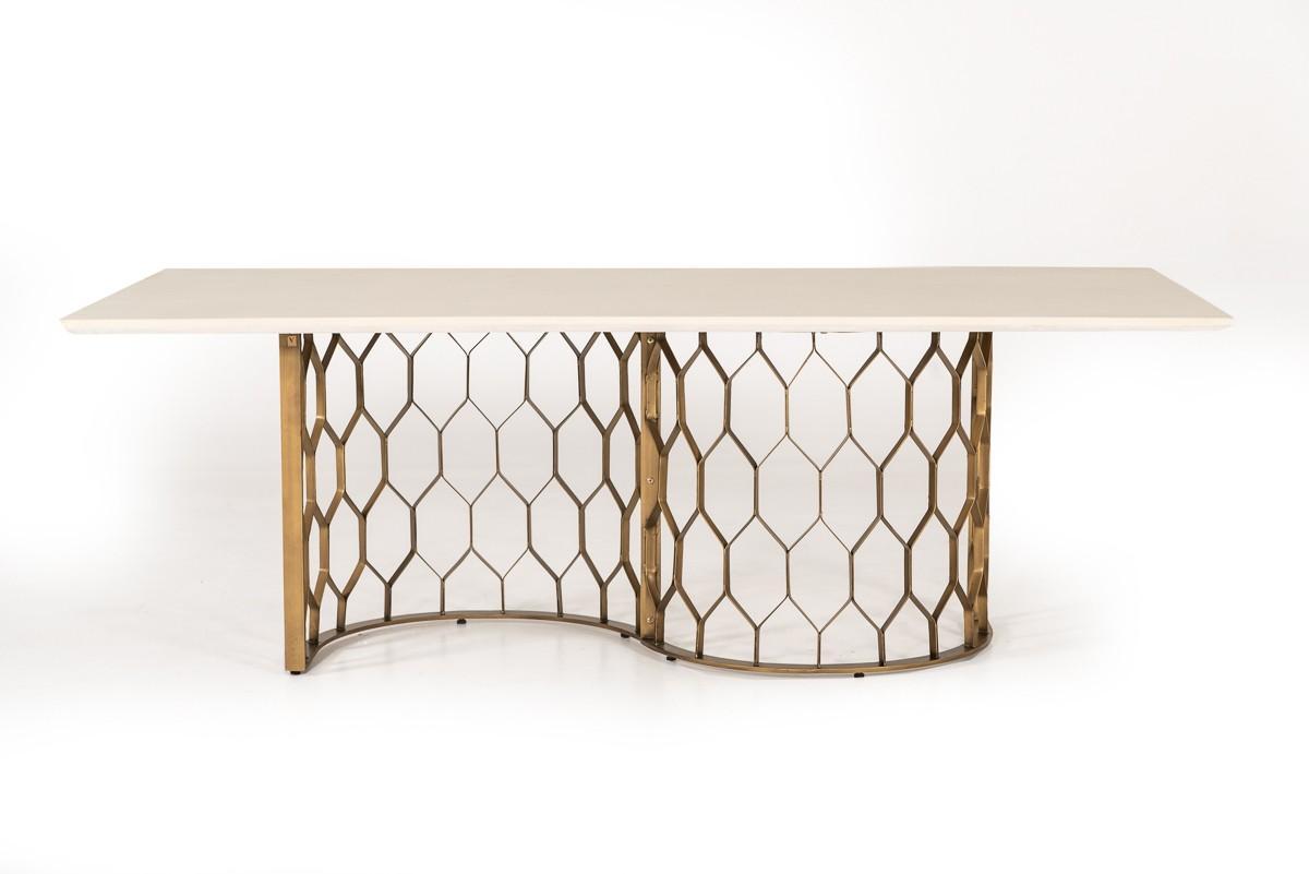 

    
Modern White Concrete & Antique Brass Dining Table by Modrest Faye
