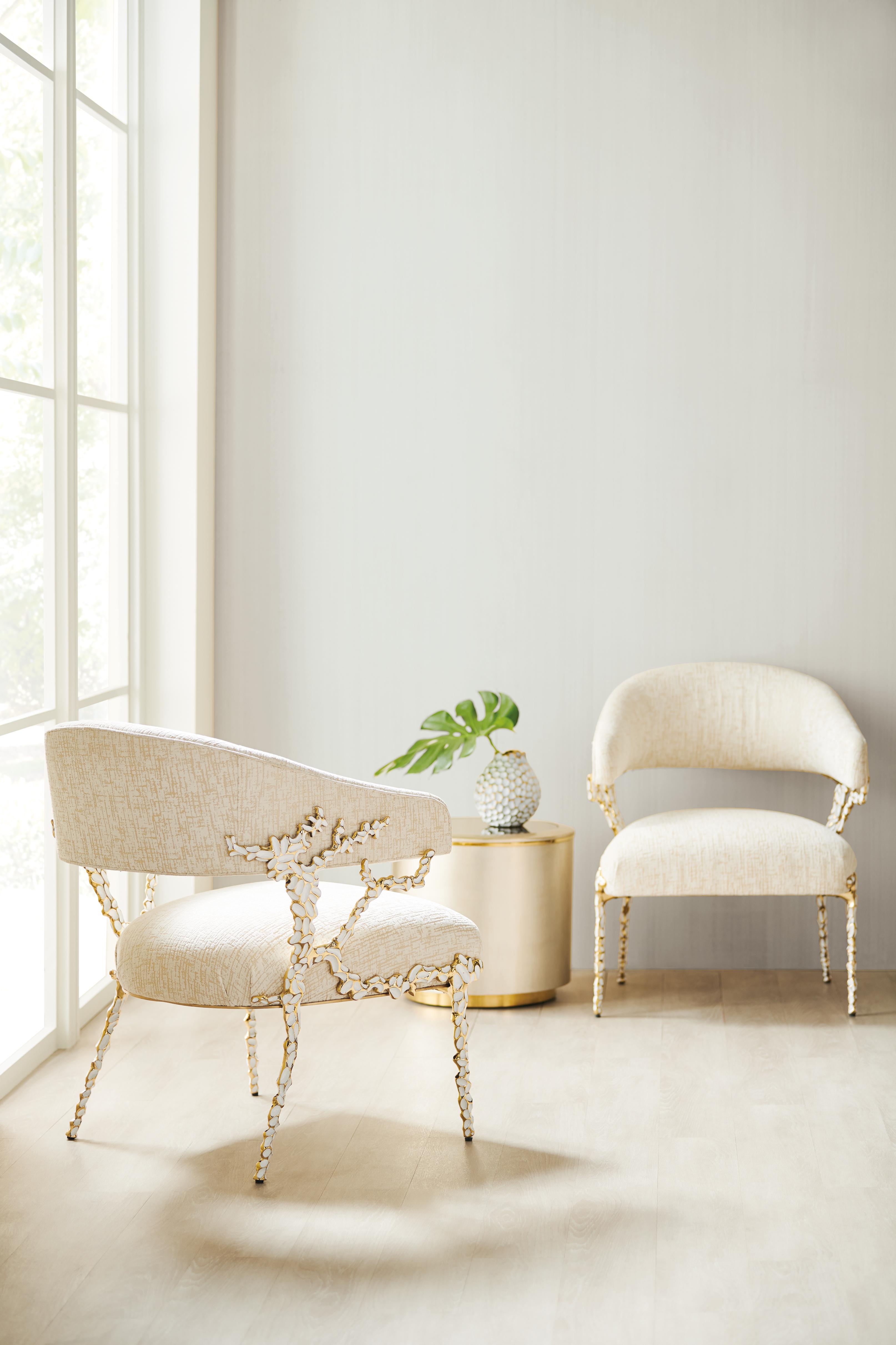 

    
White Enamel & Gold Brush Finish Accent Chair Set of 2 Glimmer Of Hope by Caracole
