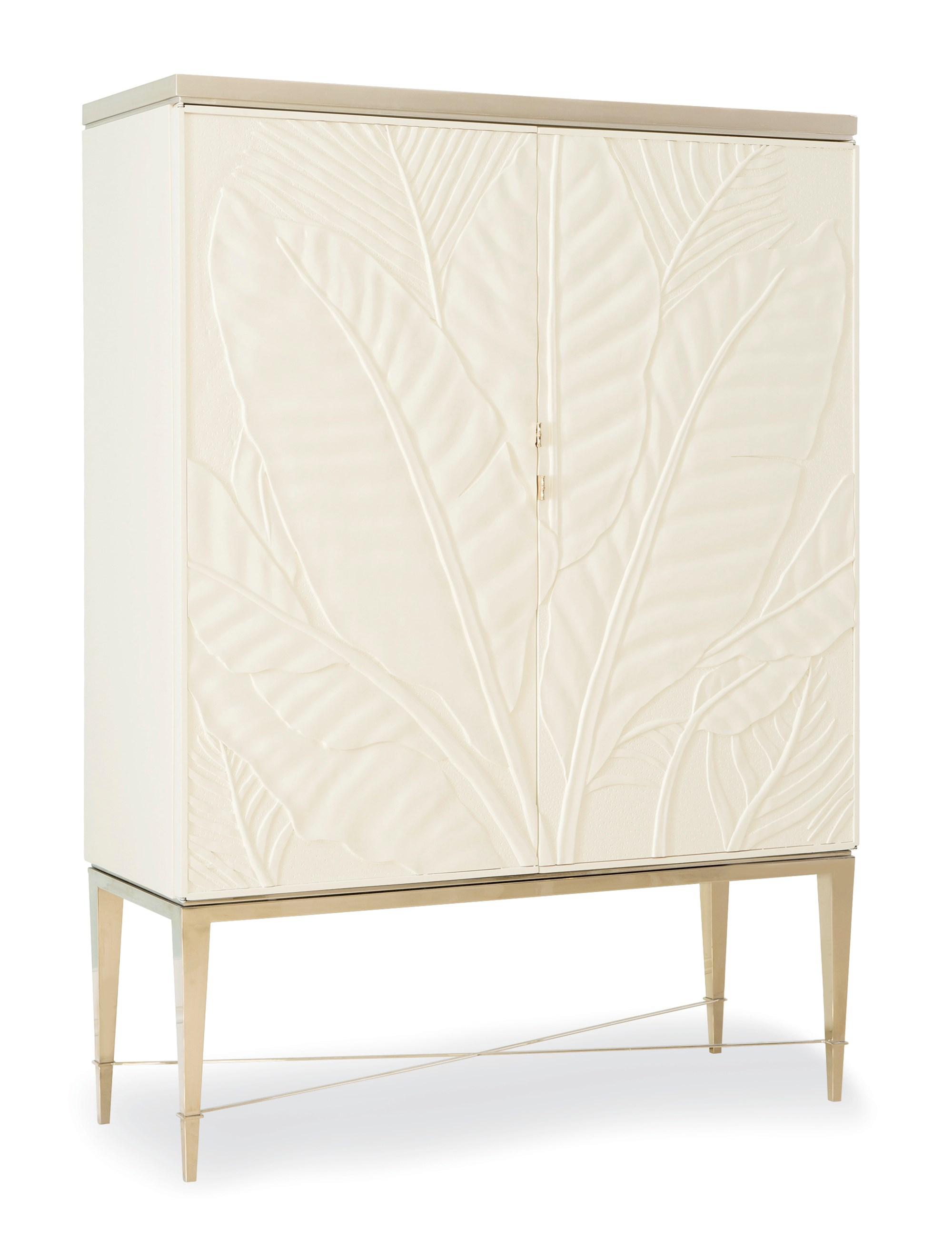 

    
White Finish Carved Door Gold Metal Base Buffet PALMS UP! by Caracole
