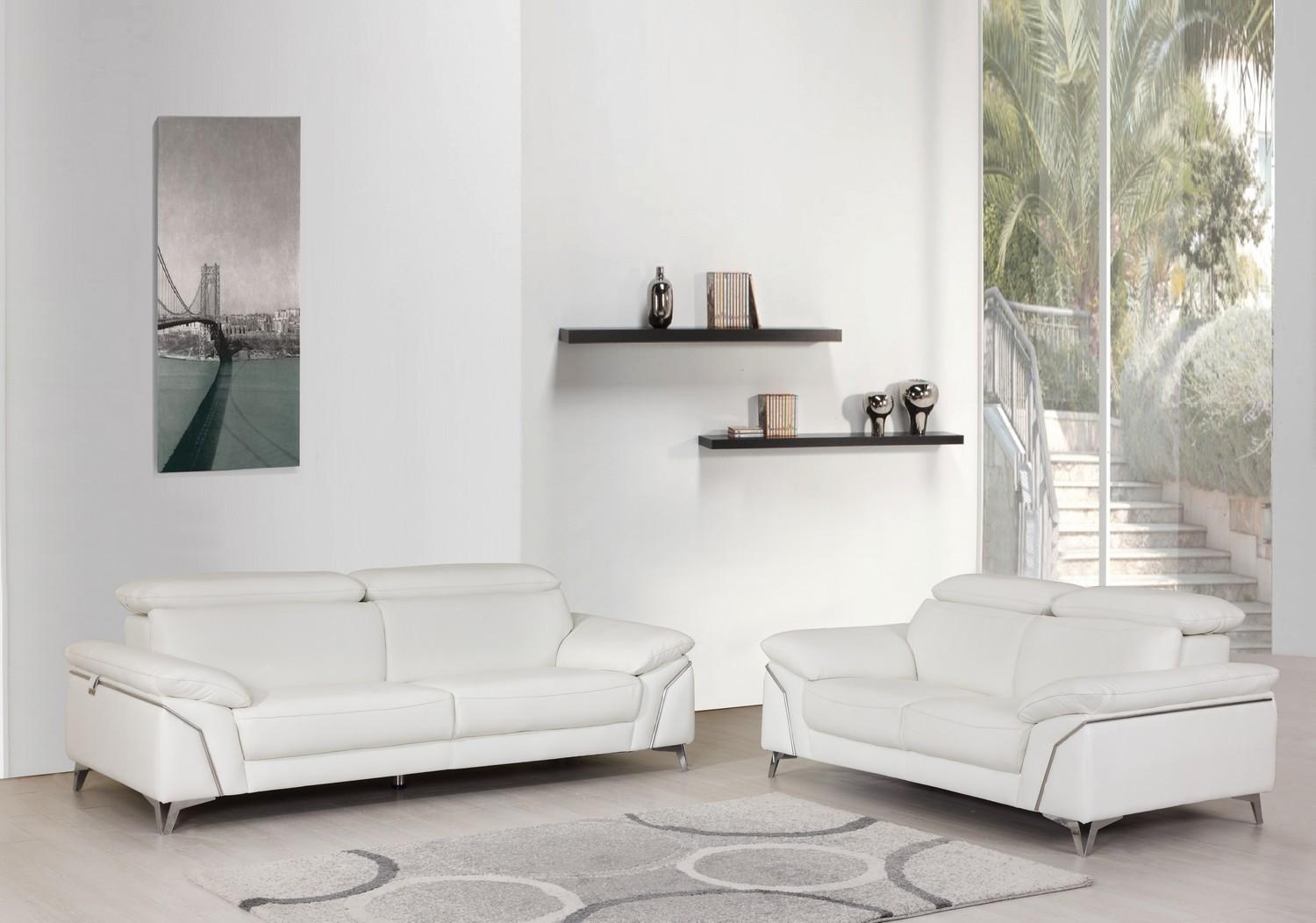 Contemporary Sofa and Loveseat Set 727 727-WHITE-2PC in White Italian Leather