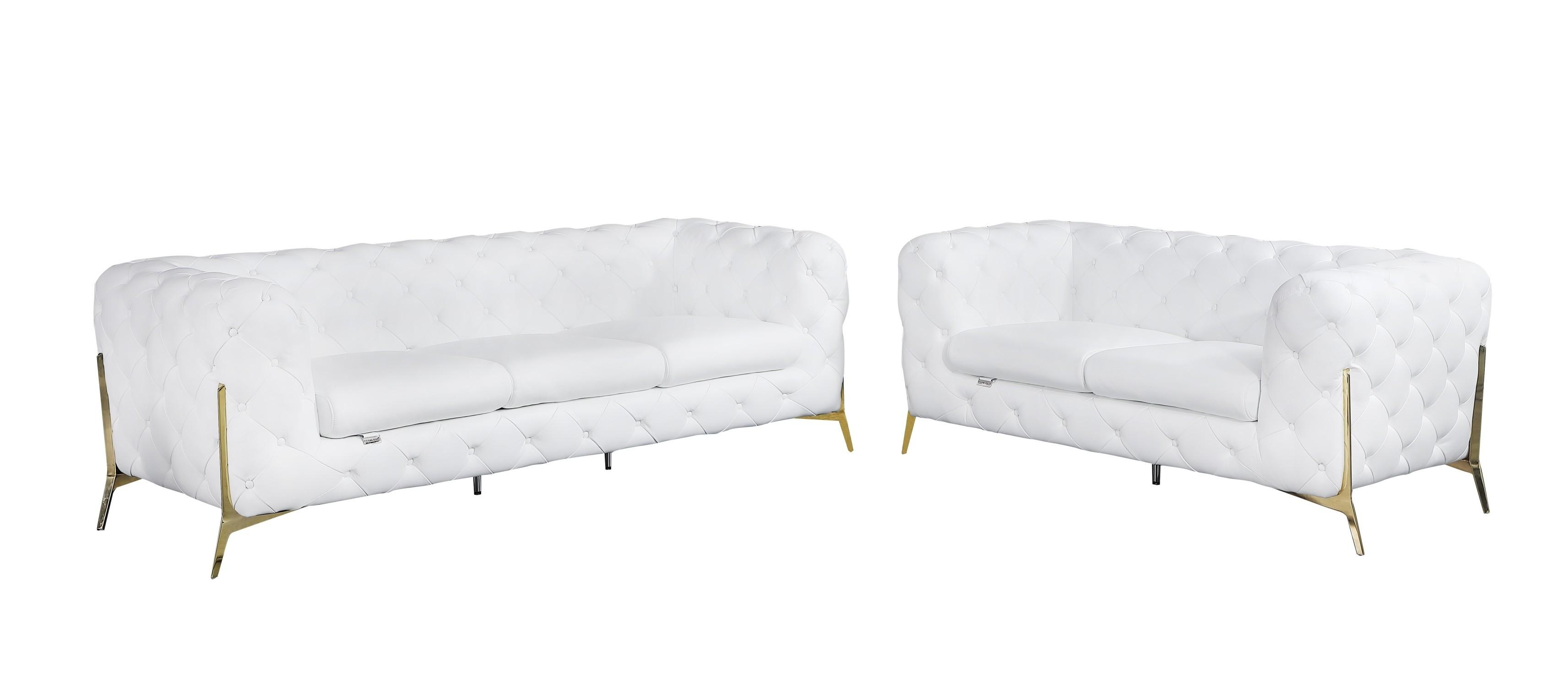 Contemporary Sofa and Loveseat Set 970 970-WHITE-2PC in White Top grain leather