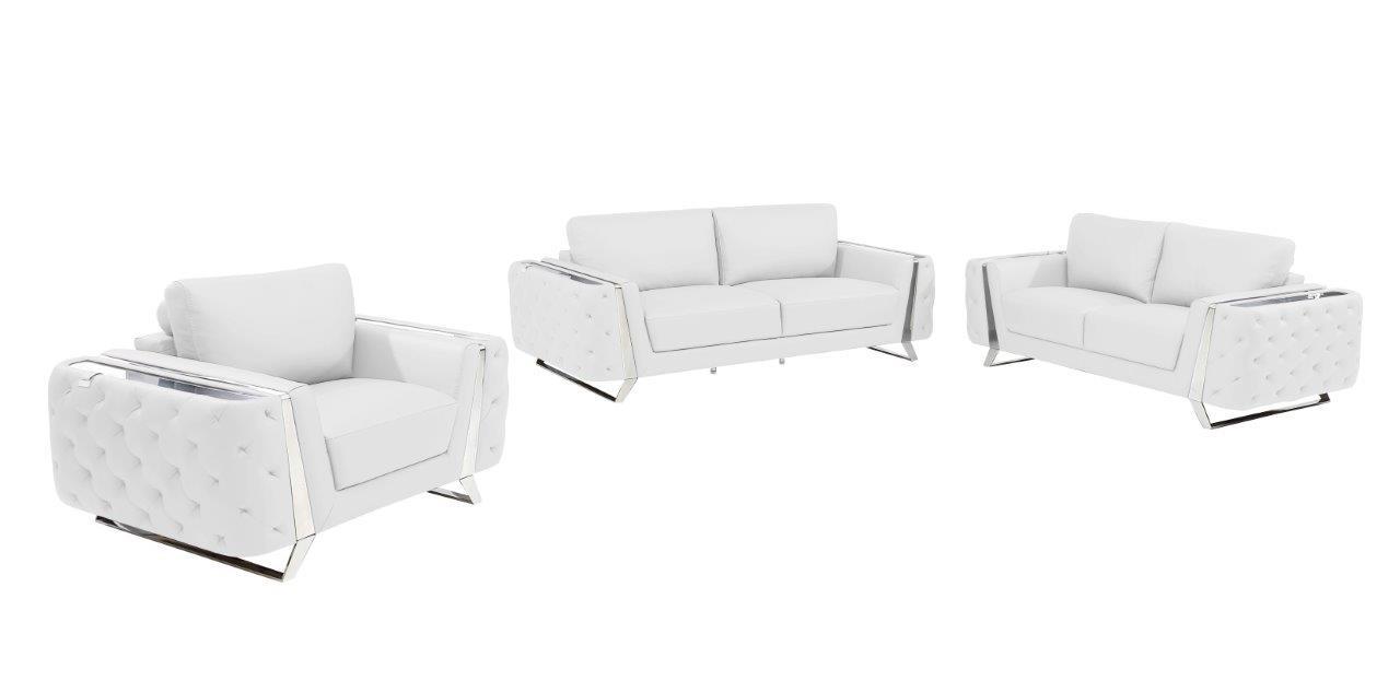 Contemporary Sofa Loveseat and Chair Set 1050 1050-WHITE-3PC in White Genuine Leather