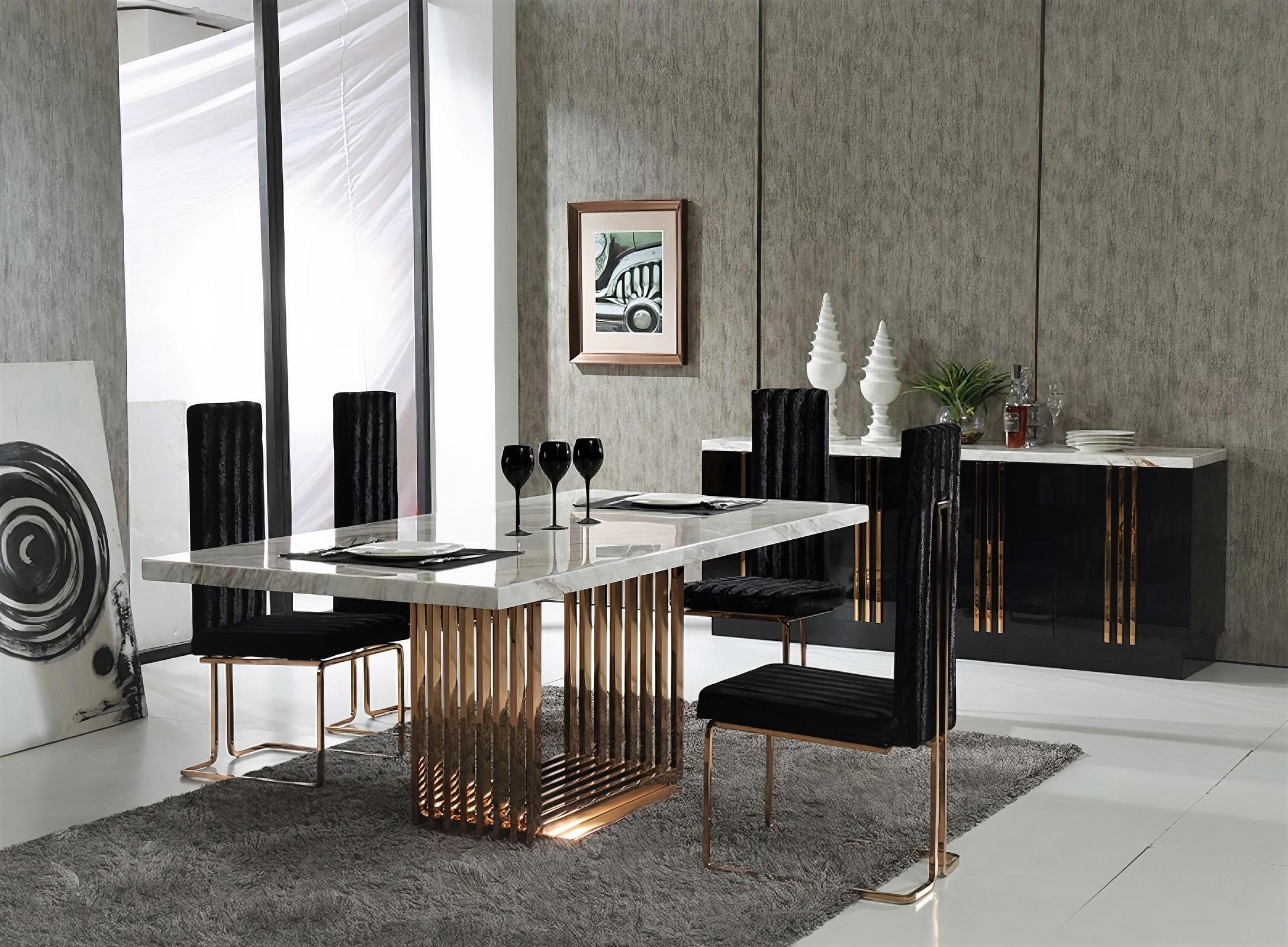 

    
 Photo  White Genuine Marble & Rosegold Dining Table + 8 Chairs + Buffet by VIG Modrest Kingsley
