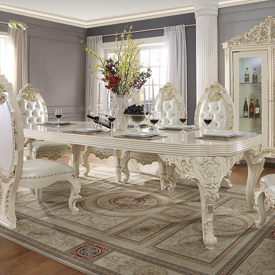 

    
White Gloss & Gold Brush Rectangle Dining Table Traditional Homey Design HD-8091
