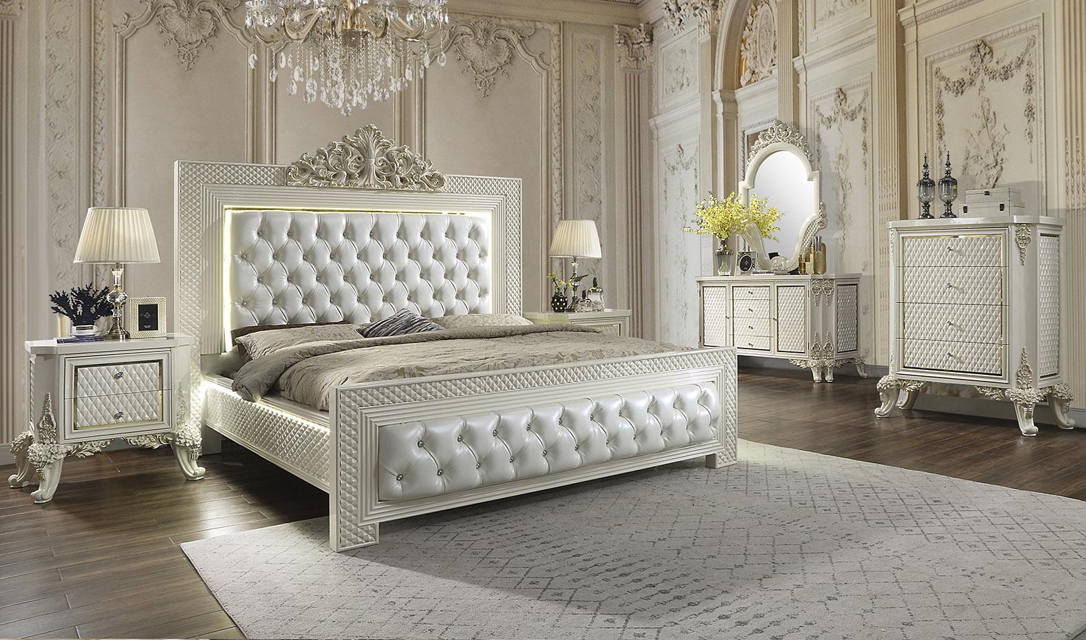 

    
White Gloss & Gold Brush Finish CAL King Bedroom Set 5Pcs Traditional Homey Design HD-8091
