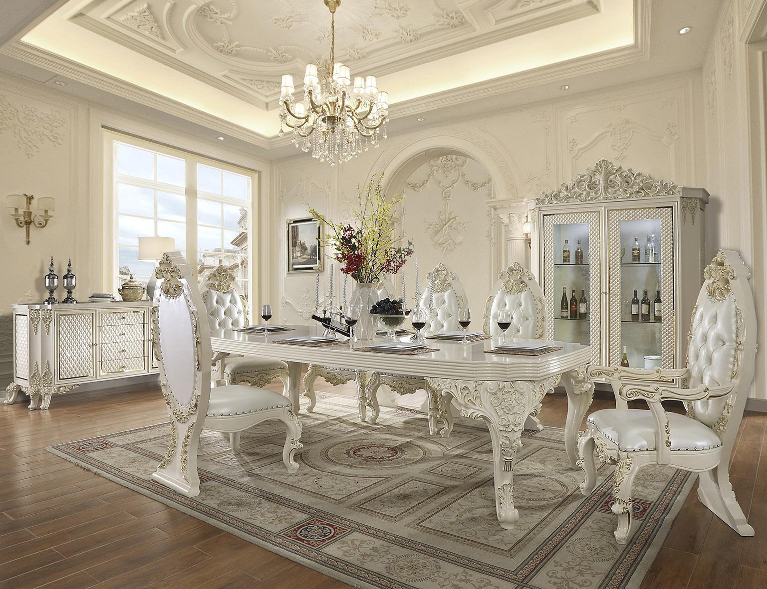 Traditional Dining Table Set HD-8091 HD-DT8091-9PC in Antique White, Gold Leather
