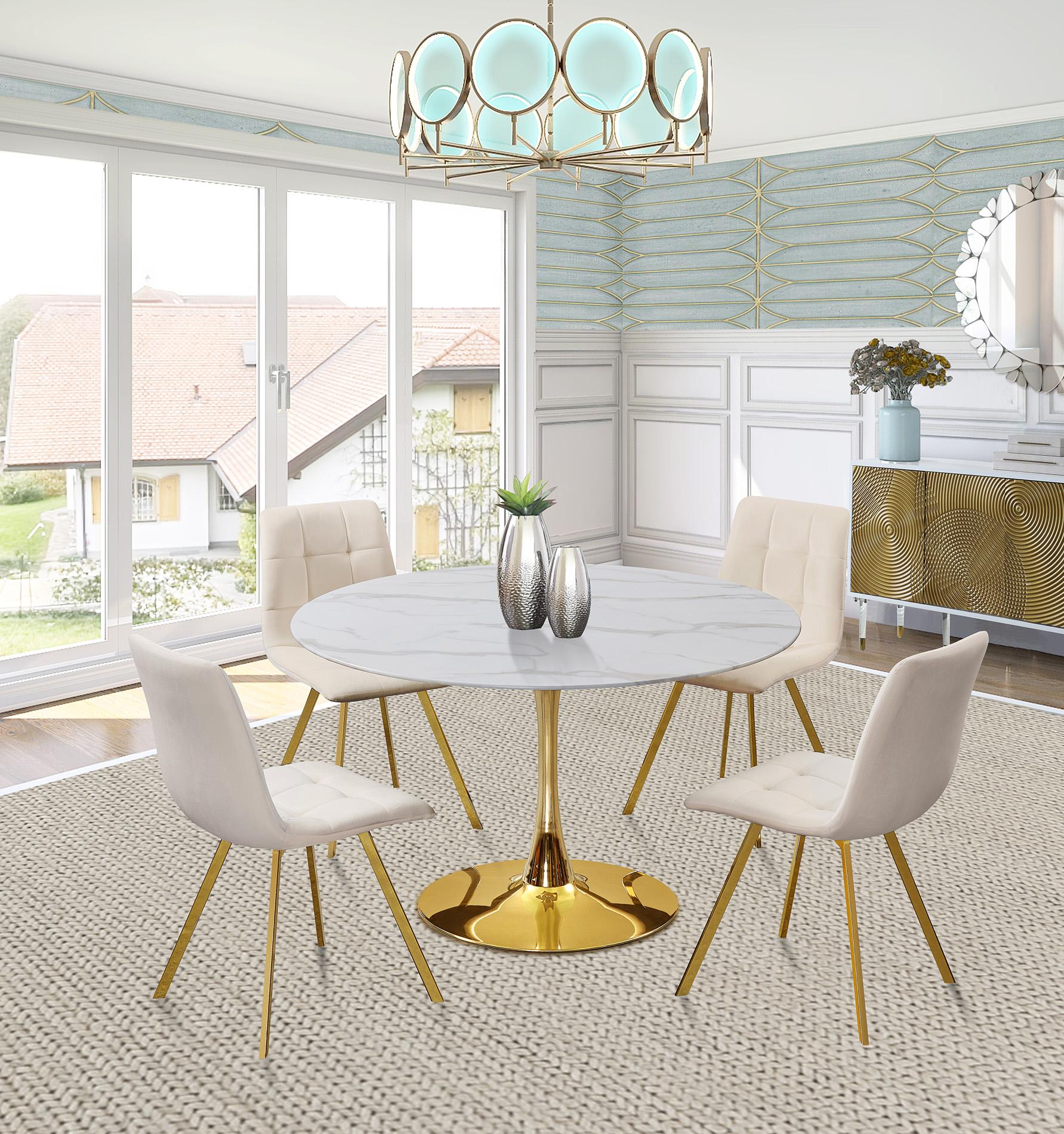 Contemporary, Modern Dining Table Set TULIP & ANNIE 975-T 975-T-Set-5 in Cream, White, Gold Fabric