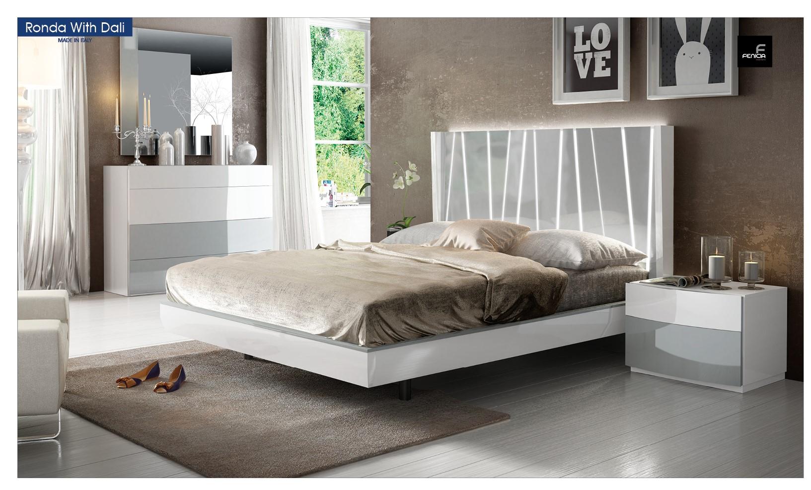 Contemporary Platform Bedroom Set Ronda DALI Ronda With Dali-EK-2NDM-5PC in White, Gray High Gloss Lacquer