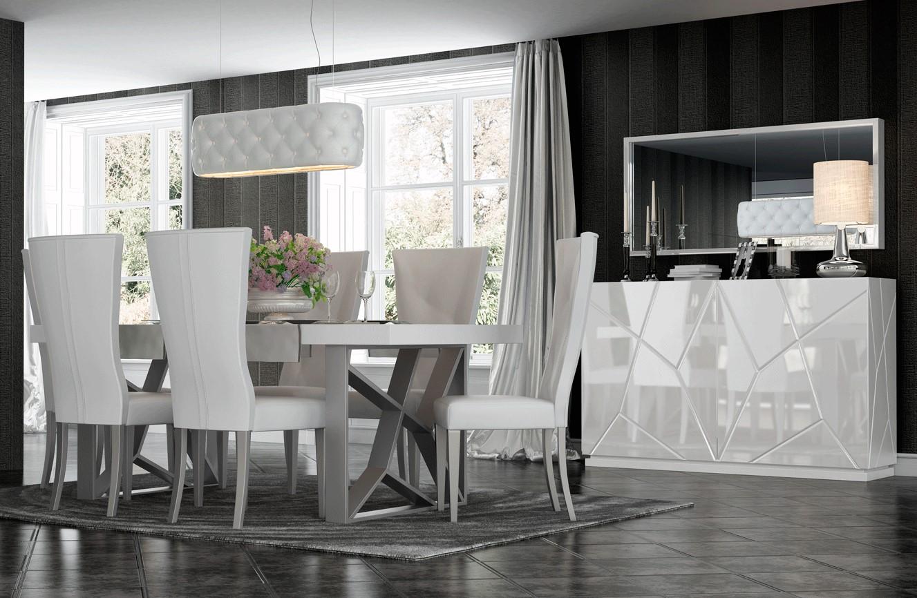 

    
White High Gloss Lacquer Dining Room Set 9Pcs w/Buffet Modern Made in Spain ESF Kiu
