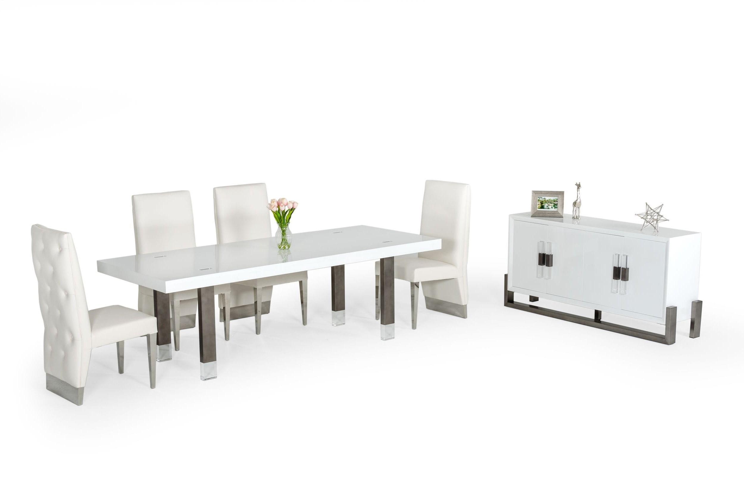 

    
White High Gloss & Stainless Steel Dining Table + 4 Chairs + Buffet by VIG Modrest Lenny
