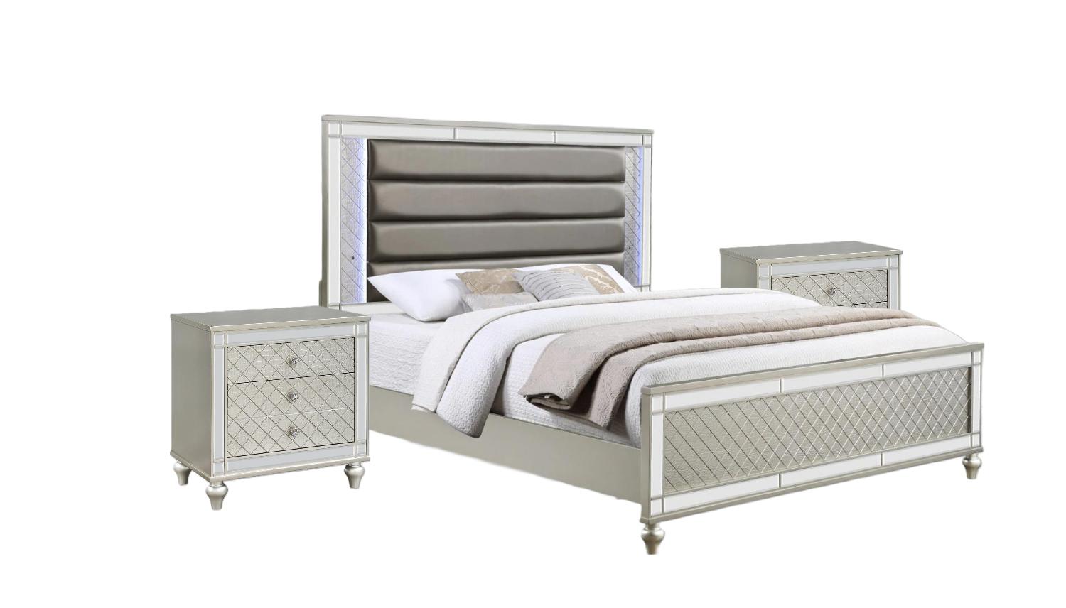 Modern Panel Bedroom Set Cristian B1680-K-Bed-3pcs in White, Champagne Crocodile Texture