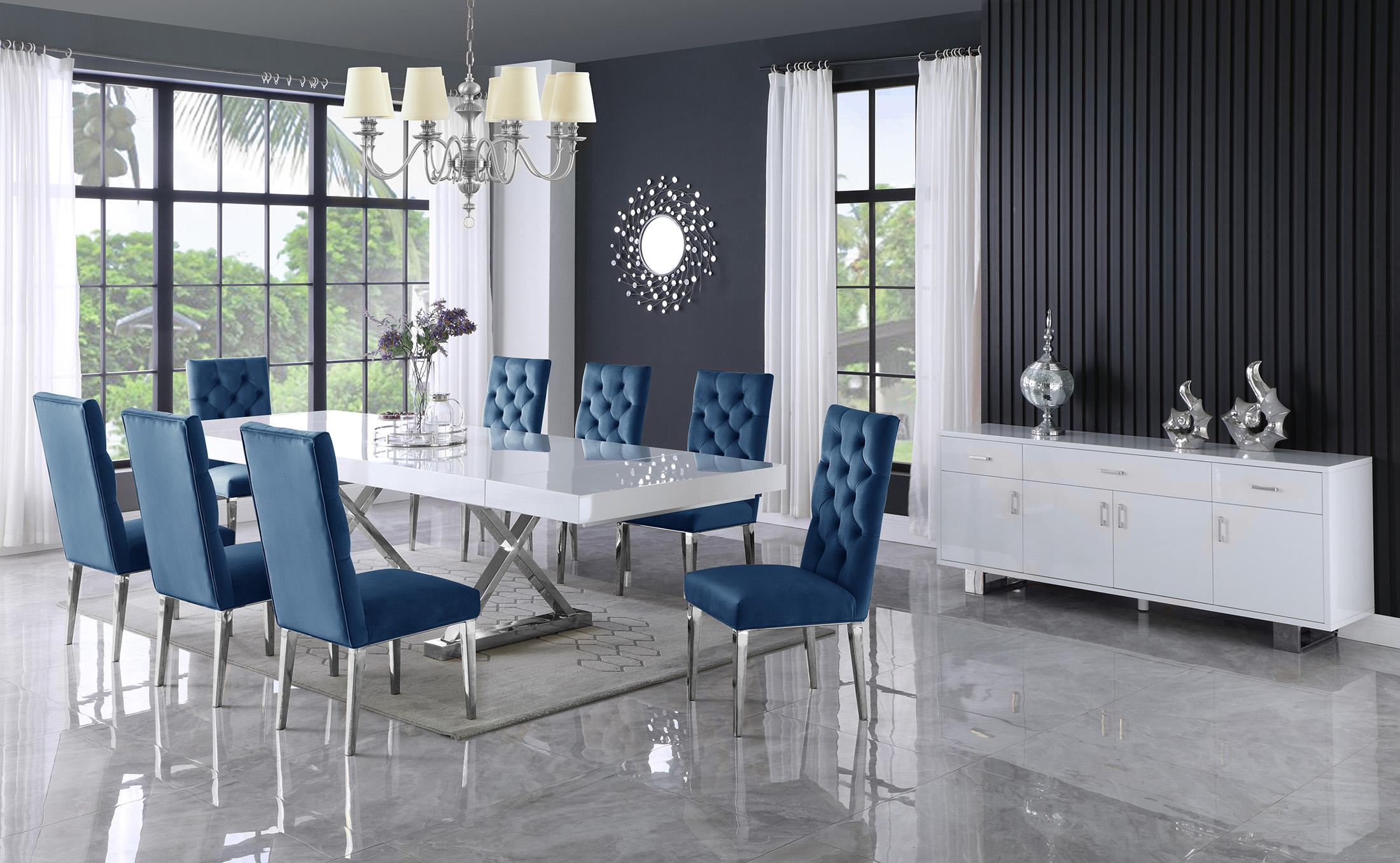 

    
White Lacquer Extendable Dining Table Set 9 Excel & Juno 997-T Meridian Modern
