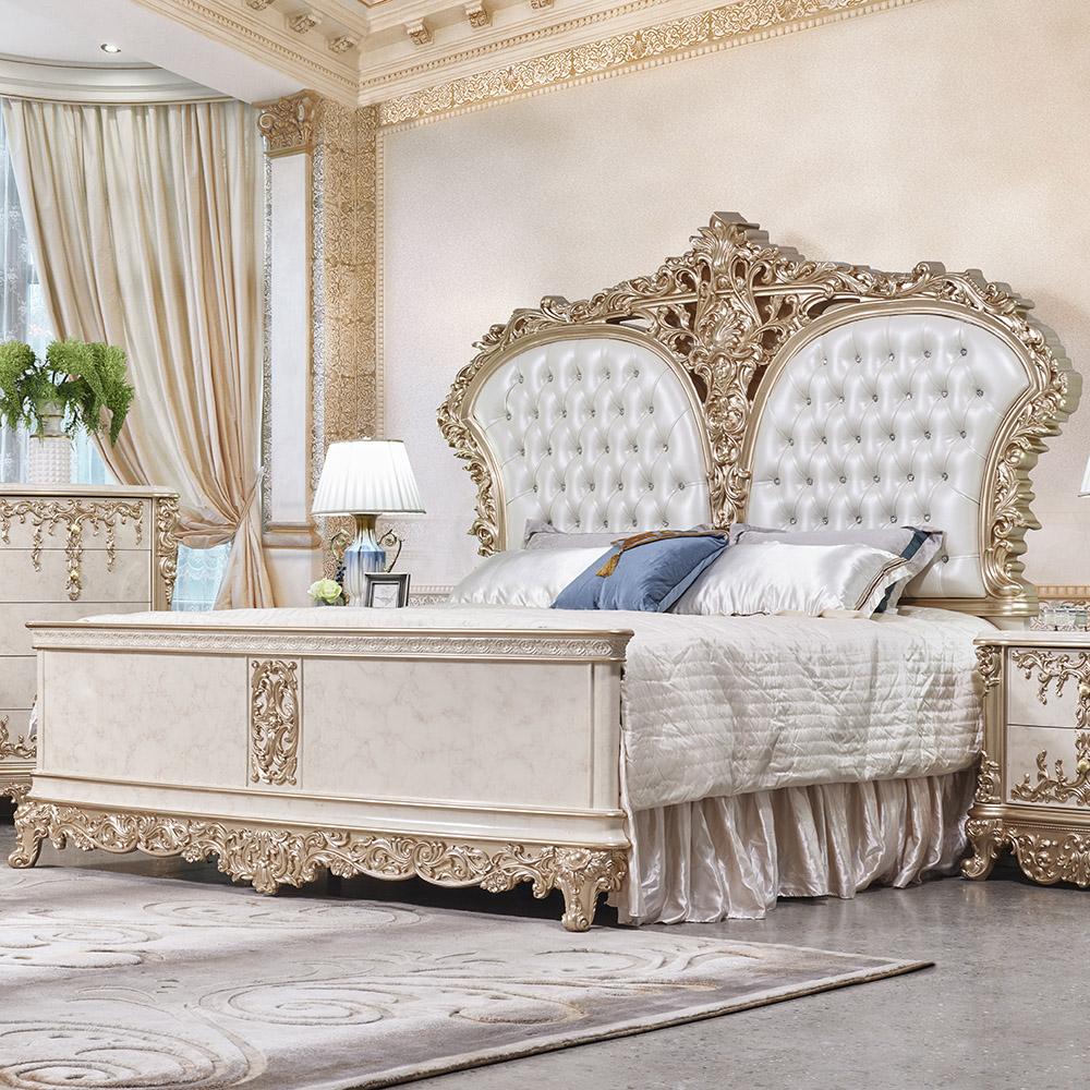 Traditional Sleigh Bed HD-BED9102-CK HD-BED9102-CK in White, Gold Leather