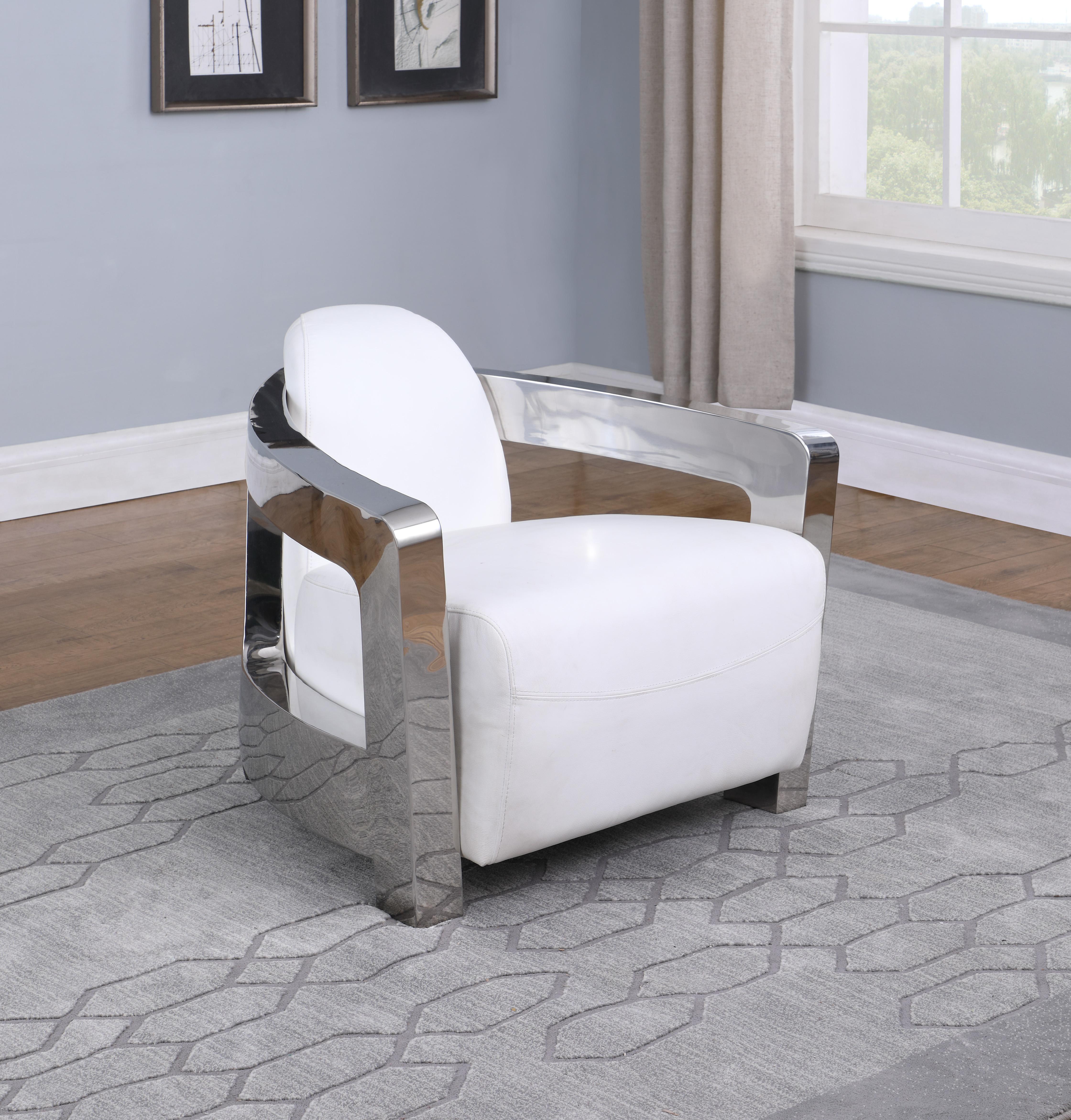

    
2099-ACC-WHT White Leather & Stainless Steel Frame Accent Chair Contemporary 2099-ACC by Chintaly Imports
