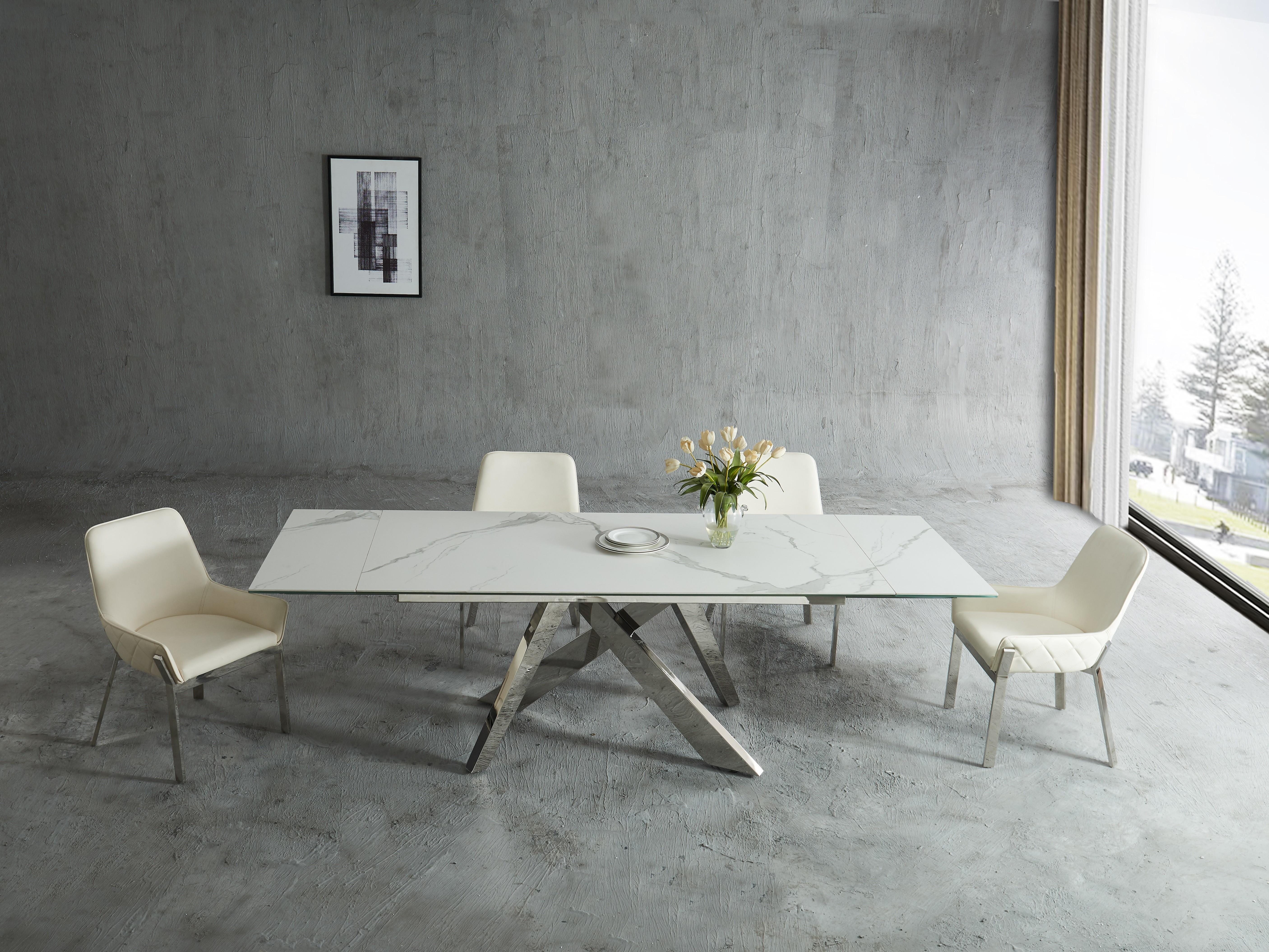 Contemporary, Modern Dining Room Set Carrara Miami 17721-9pcs in Chrome, White Eco Leather