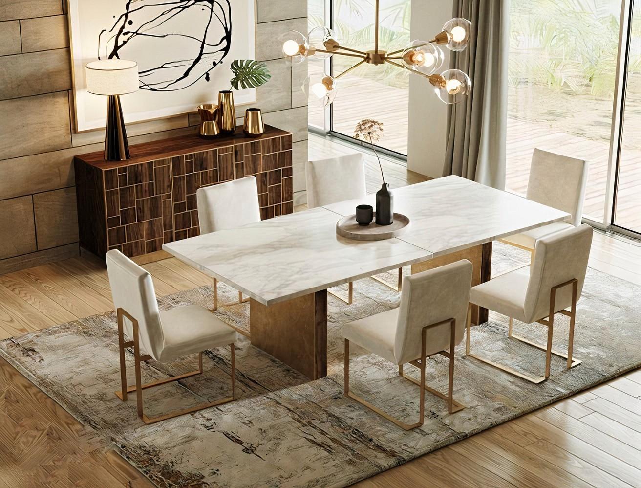 

    
White Marble & Gold Dining Table + 4 Velvet Chairs + Buffet by VIG Modrest Auer
