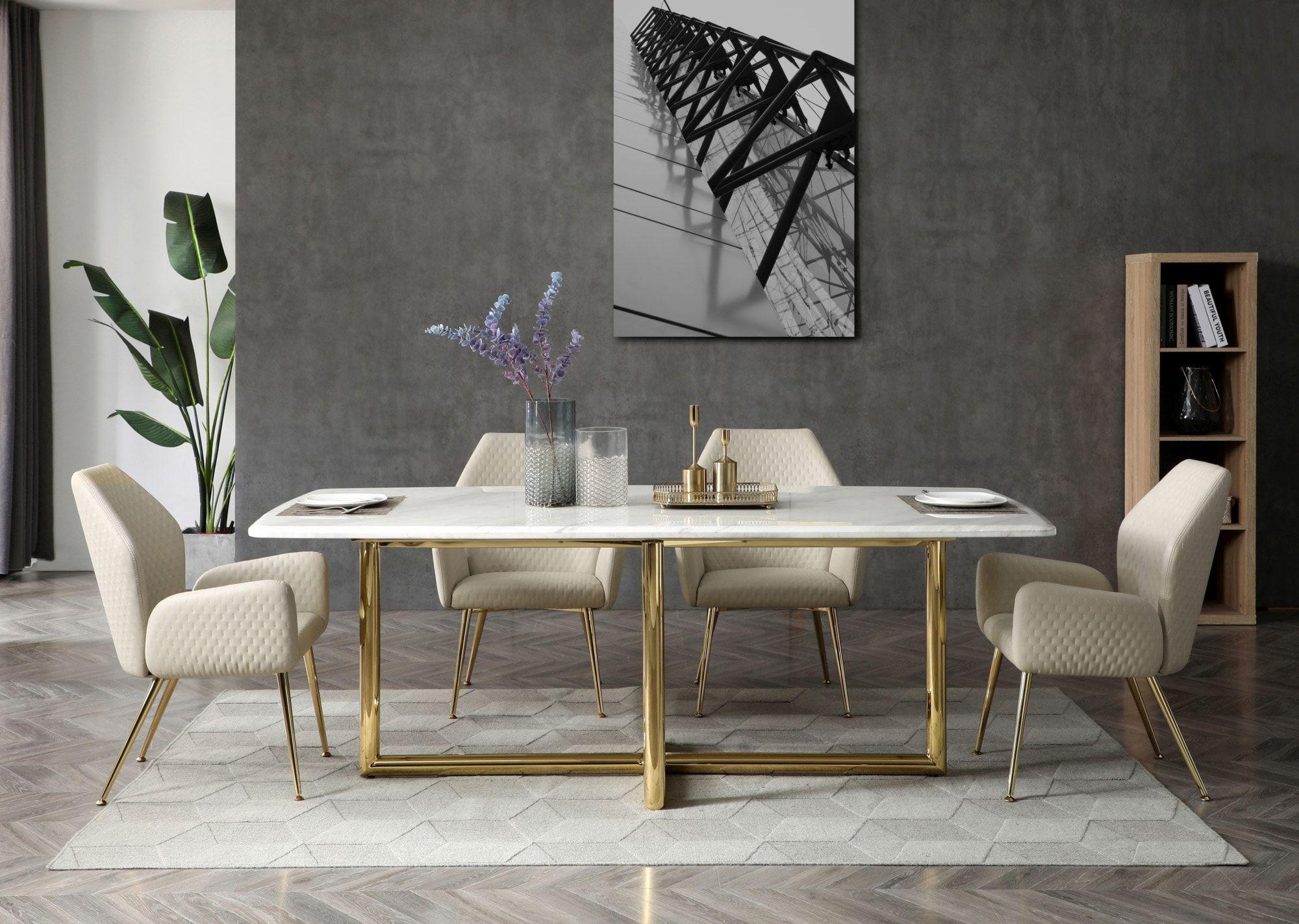 

    
White Marble Top & Gold Metal Legs Dining Table + 4 Chairs by VIG Modrest Empress

