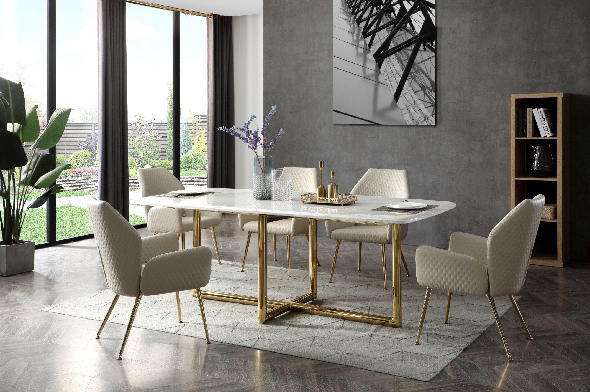 

    
White Marble Top & Gold Metal Legs Dining Table + 6 Chairs by VIG Modrest Empress
