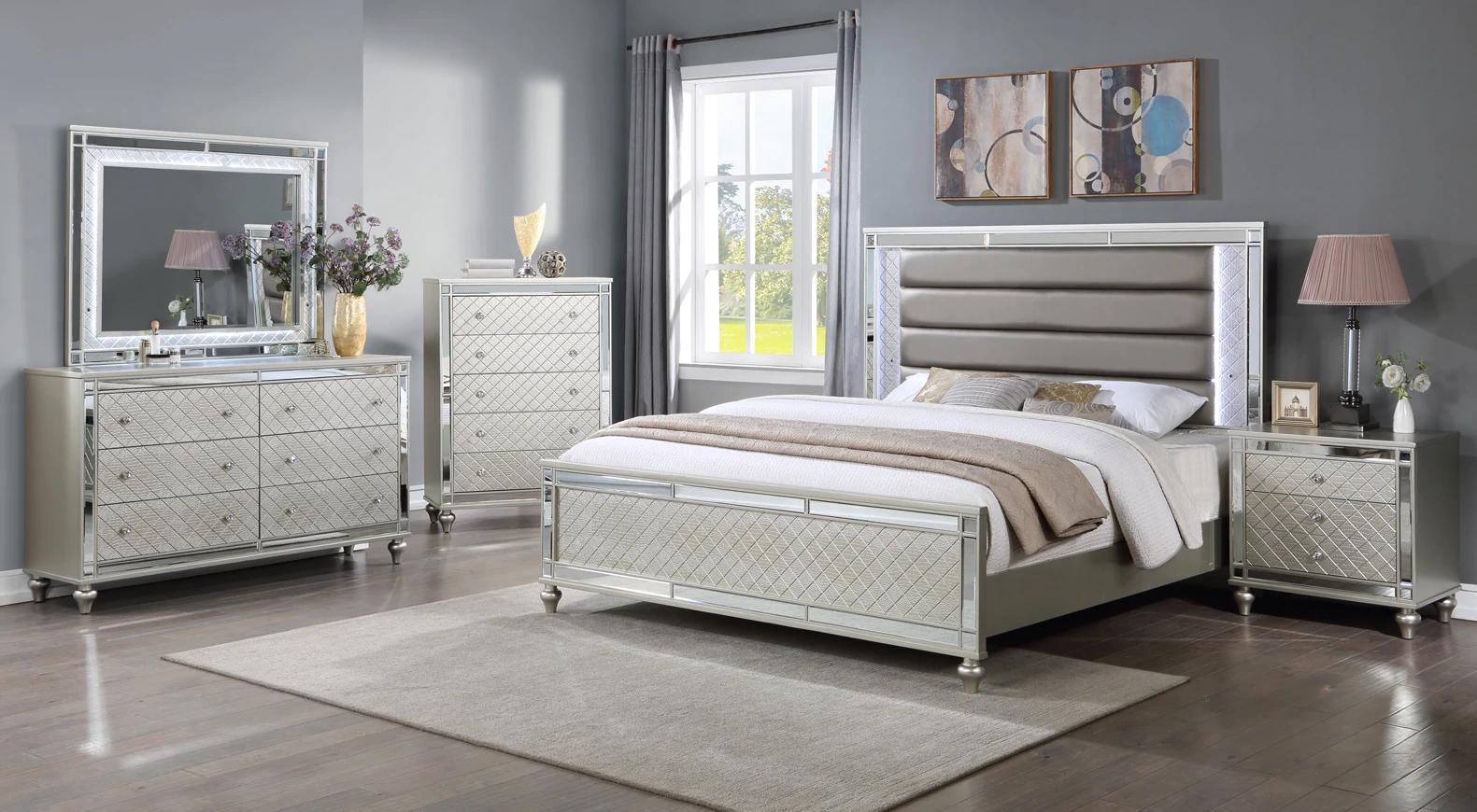 Modern Panel Bedroom Set Cristian B1680-Q-Bed-6pcs in White, Champagne Crocodile Texture