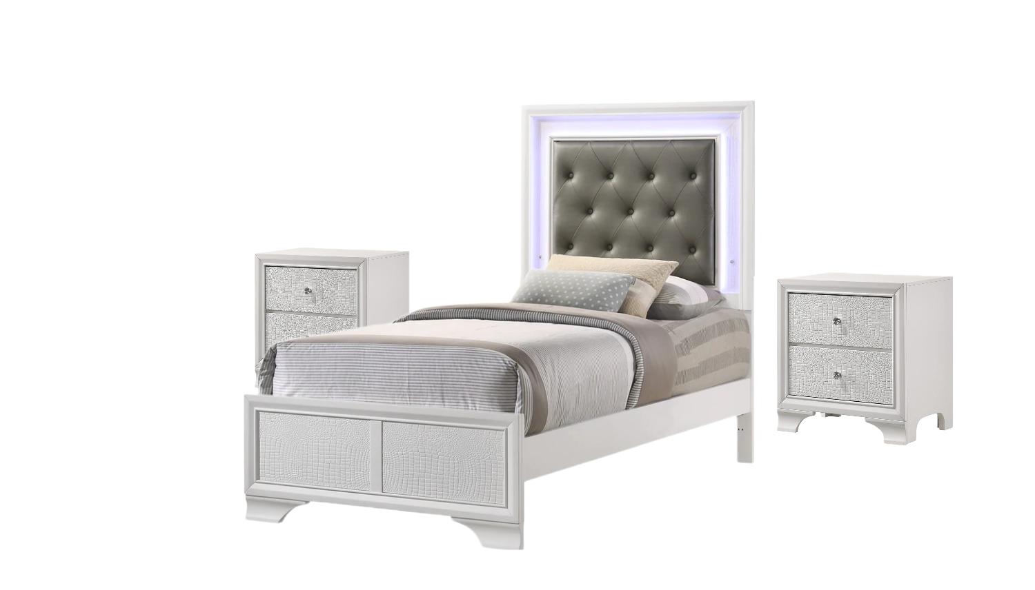 Modern Panel Bedroom Set Lyssa B4310-T-Bed-3pcs in White Crocodile Texture