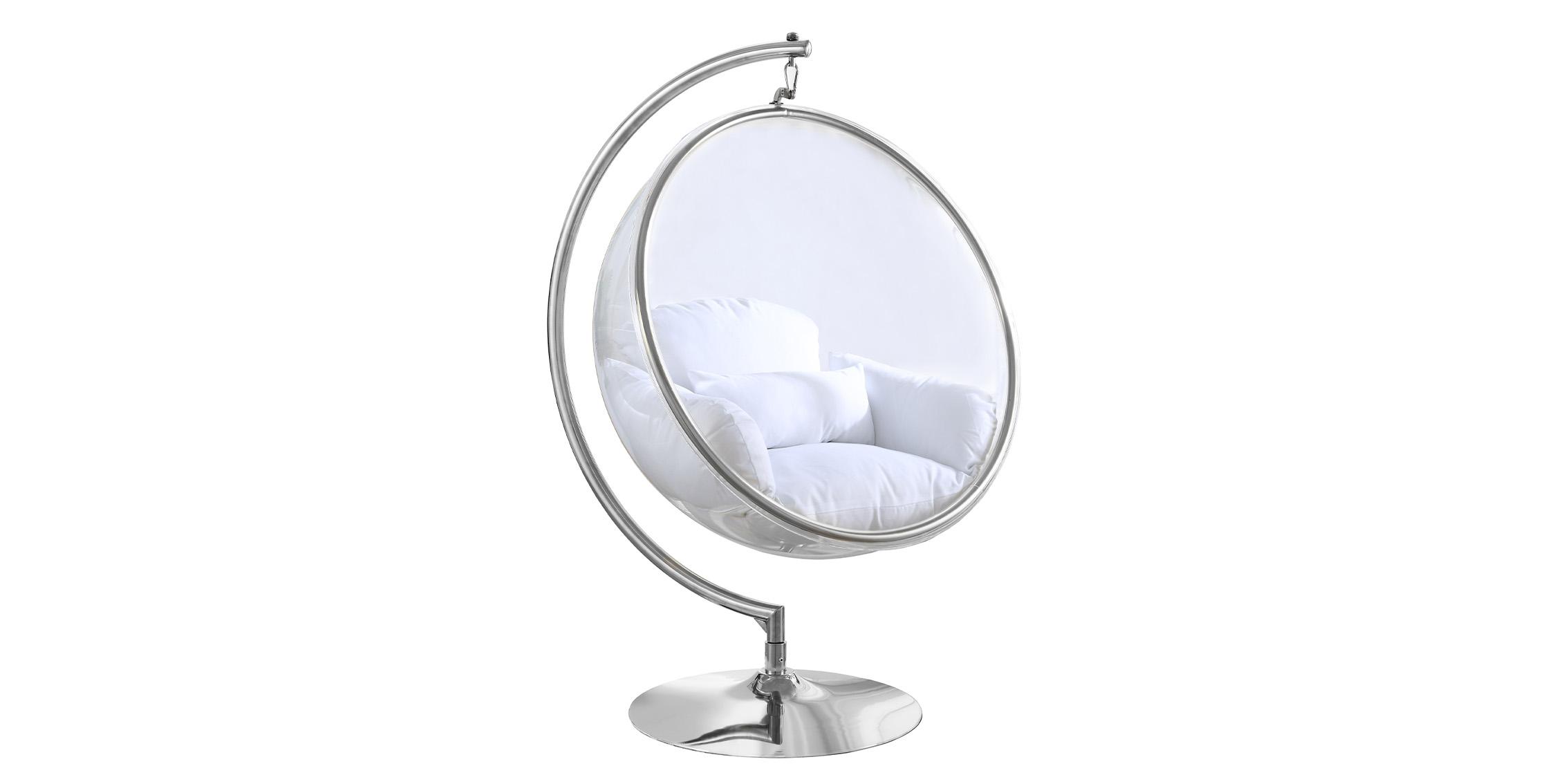 

    
White Pillow Chrome & Acrylic Swing Bubble Chair LUNA507White Meridian Modern

