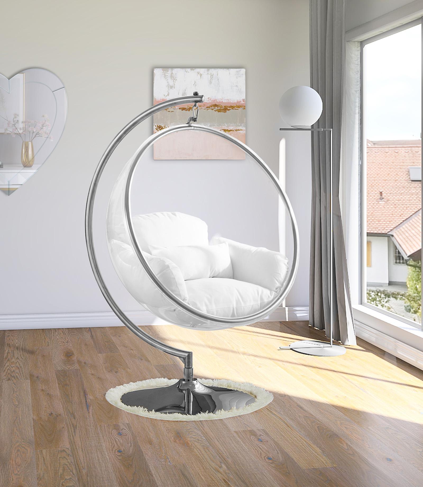 

    
White Pillow Chrome & Acrylic Swing Bubble Chair LUNA507White Meridian Modern

