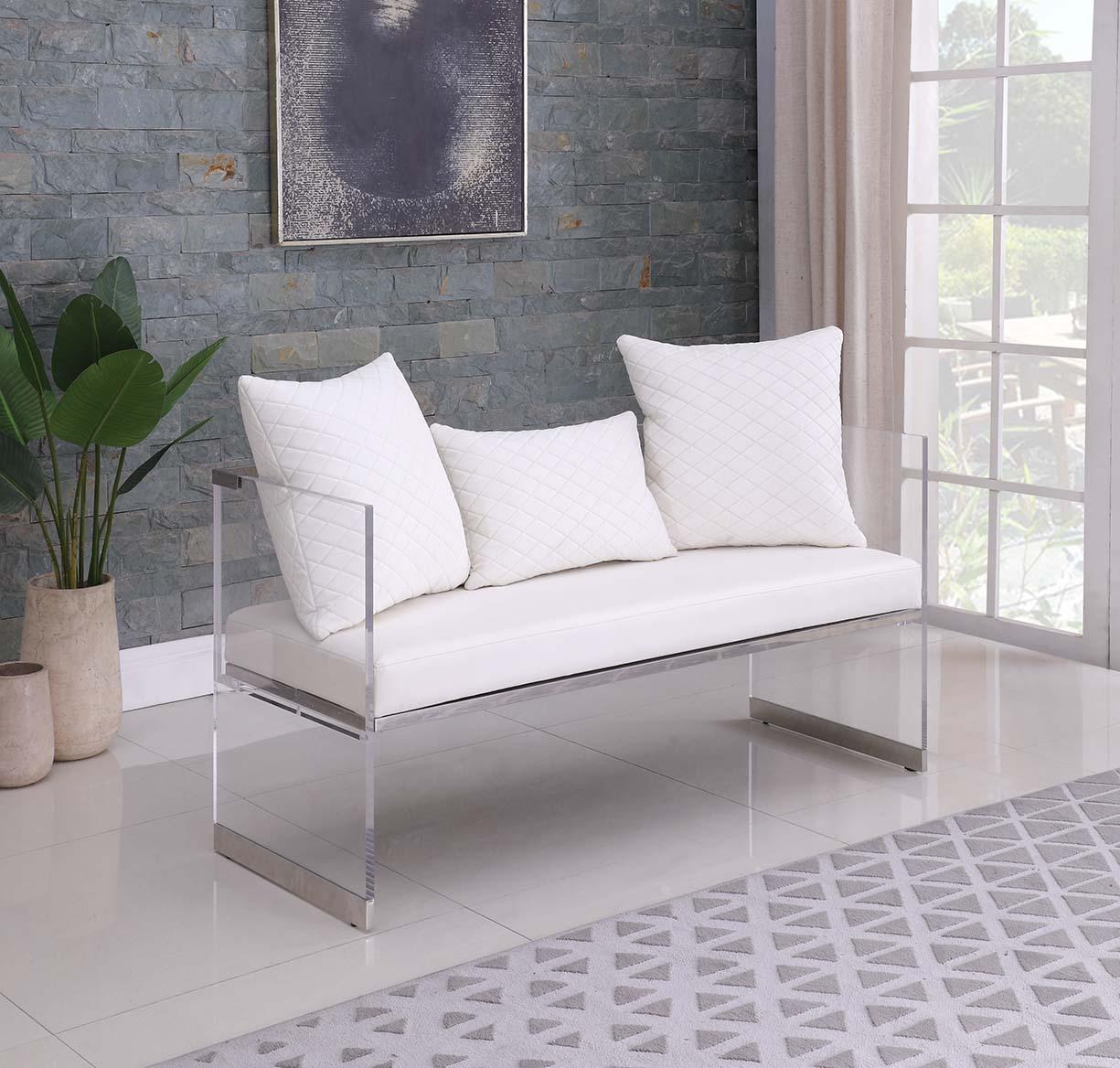 

    
White PU Acrylic Bench w/ Upholstered Seat Modern Ciara by Chintaly Imports
