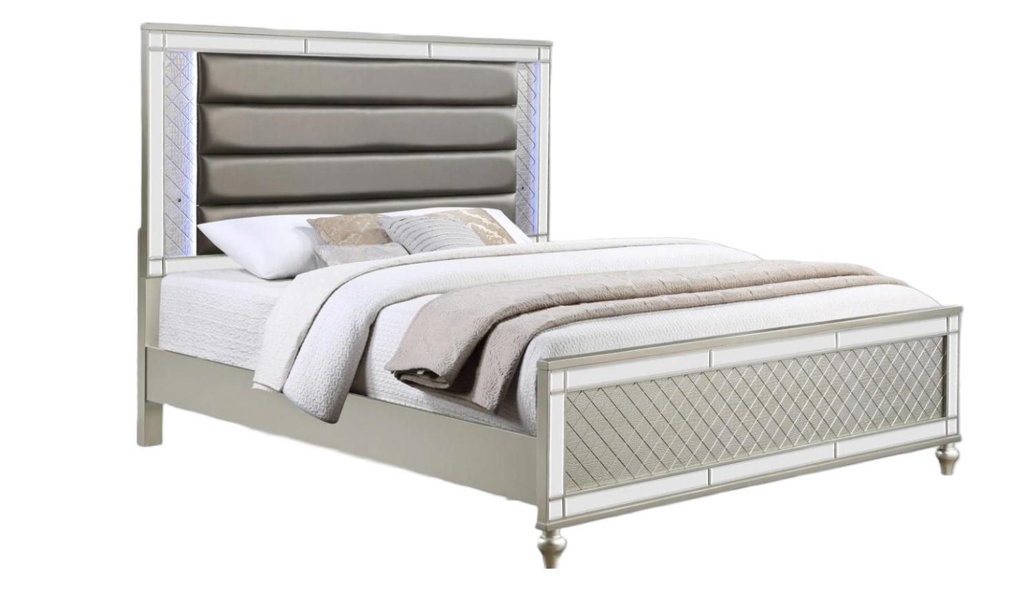 Modern Panel Bed Cristian B1680-Q-Bed in White, Champagne Crocodile Texture
