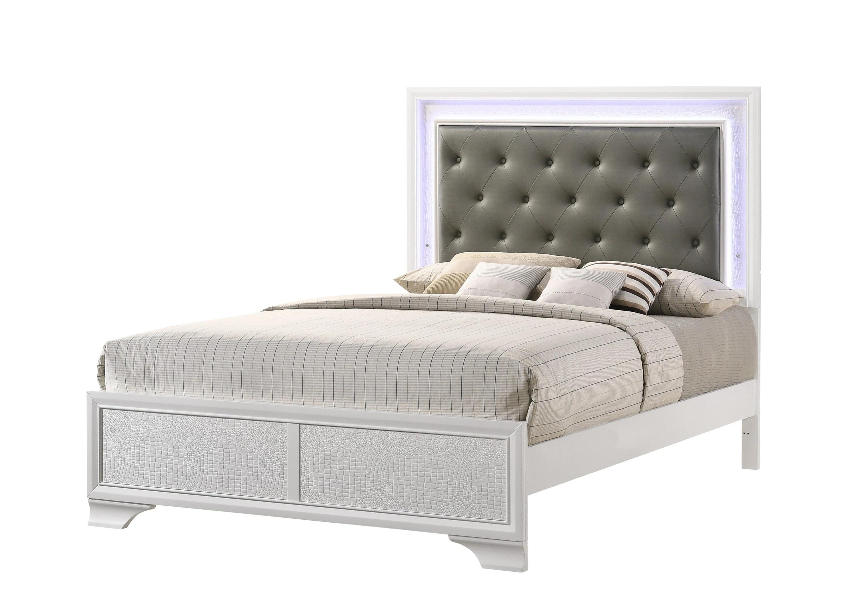 Modern Panel Bed Lyssa B4310-Q-Bed in White Crocodile Texture