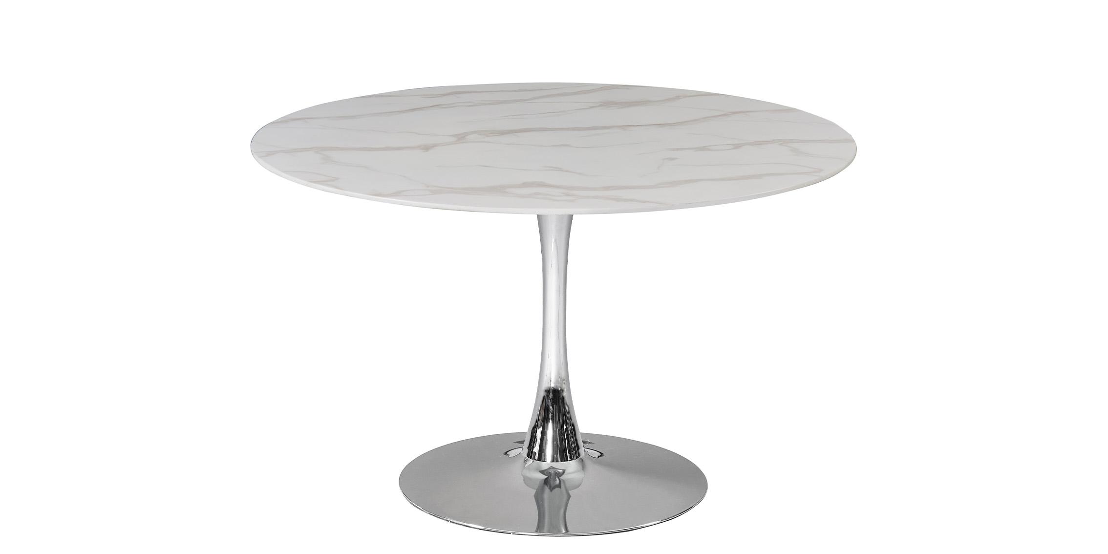 

    
White & Silver Round Faux Marble Dining Table TULIP 48" 976-T Meridian Modern
