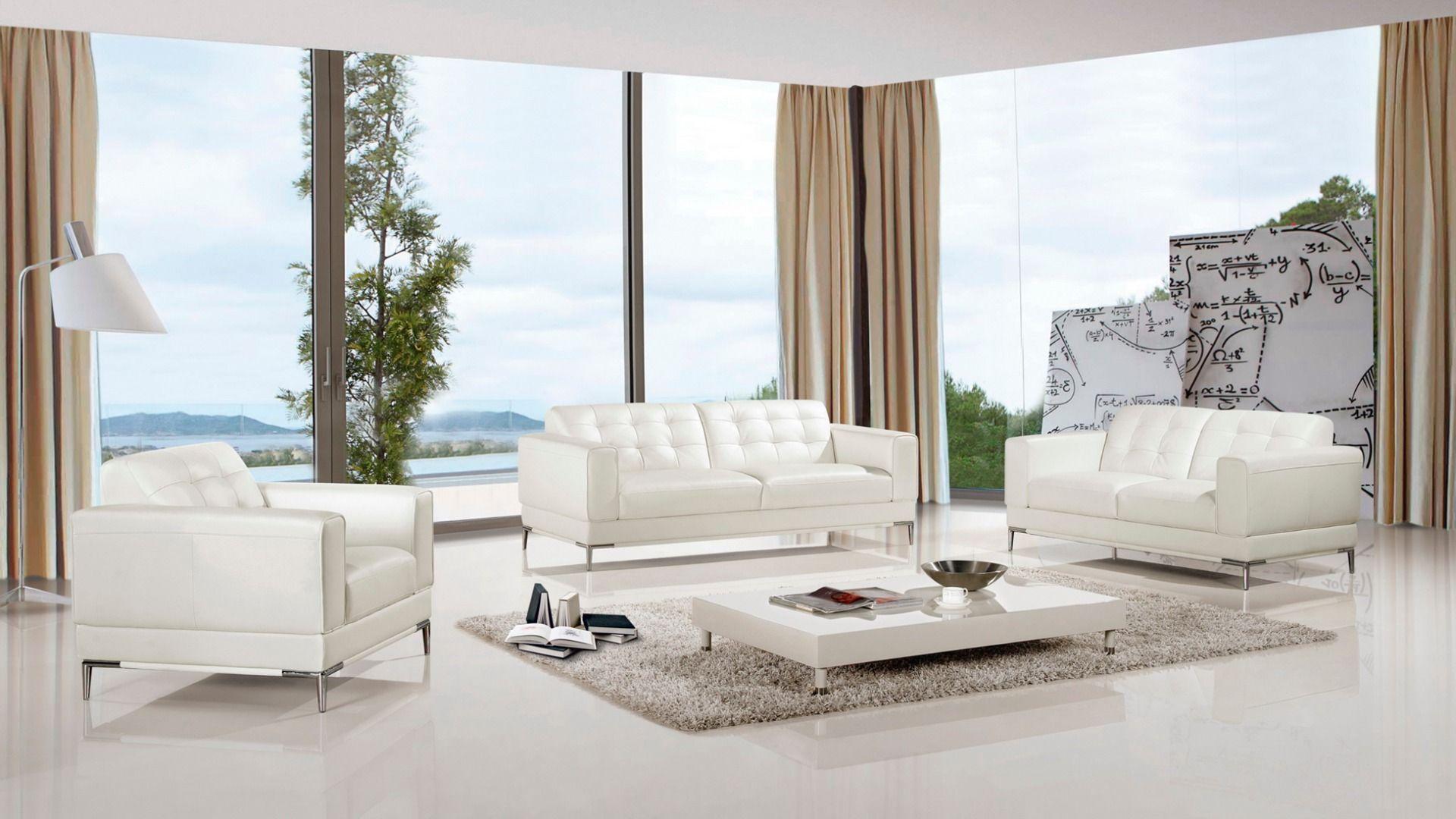 Contemporary, Modern Sofa Set EK003-W EK003-W-Set-3 in White Italian Leather