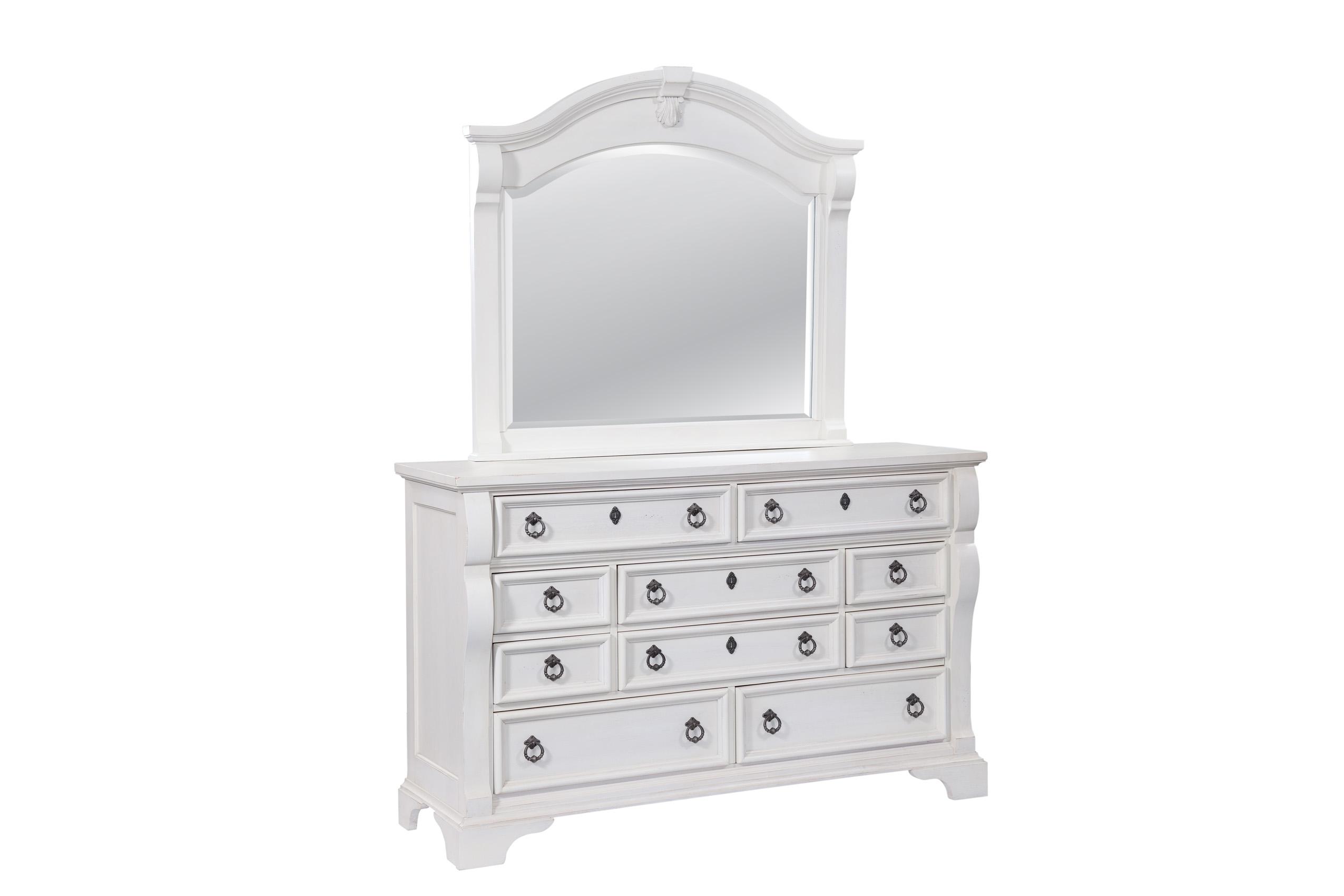 

    
White Triple Dresser w/Mirror Set 2 HEIRLOOM 2910-TDLM American Woodcrafters
