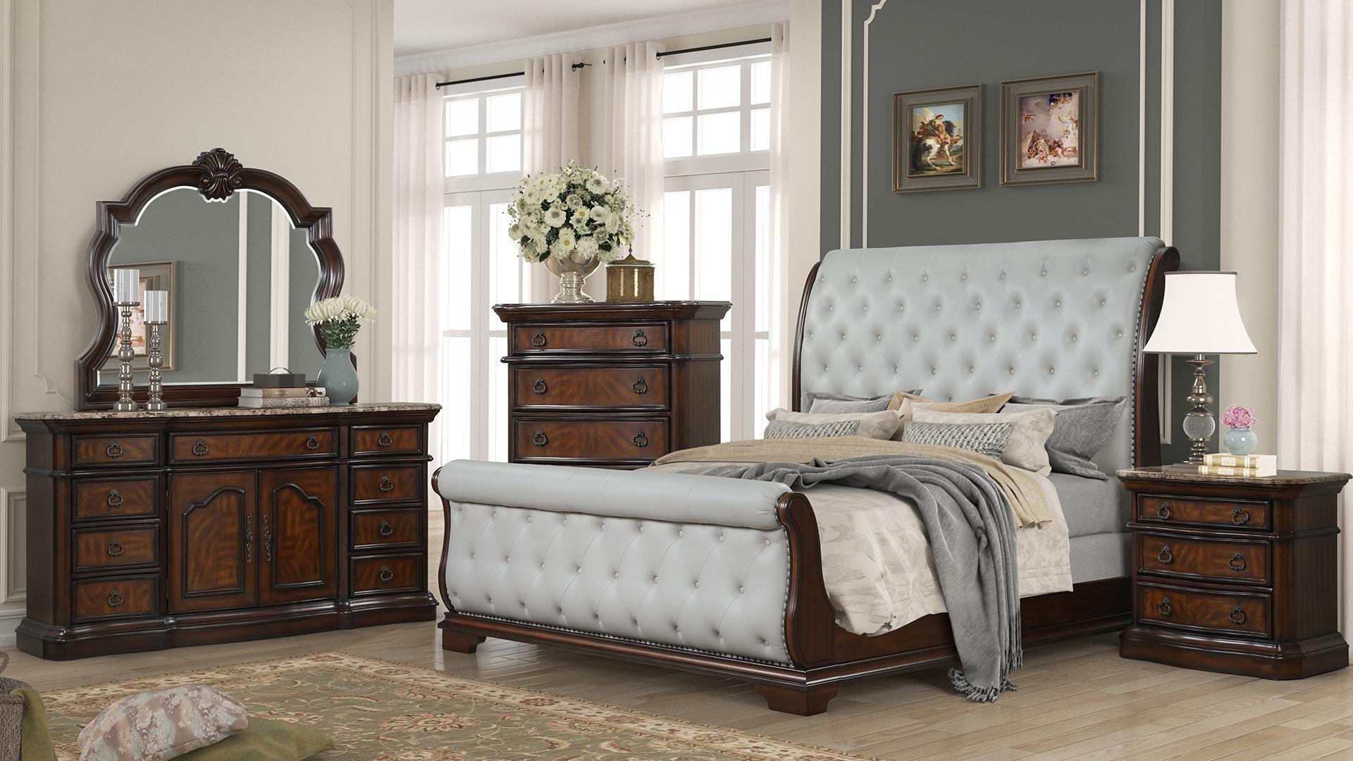 Classic, Traditional Sleigh Bedroom Set MONTAGE MONTAGE-Q-NDMC-5PC in Walnut, White Fabric