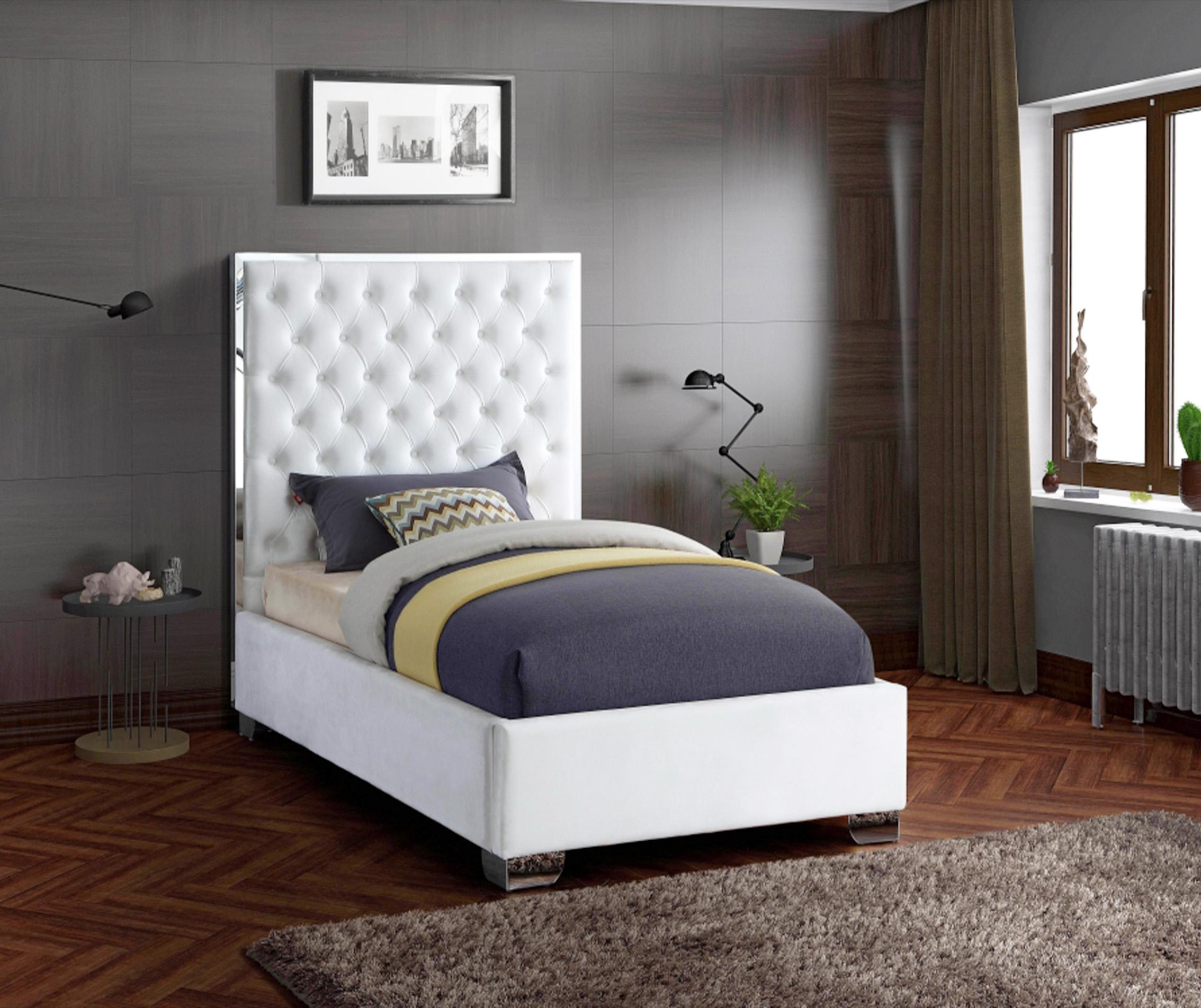 

    
White Tufted Velvet TWIN Platform Bed Lexi Meridian Contemporary Modern
