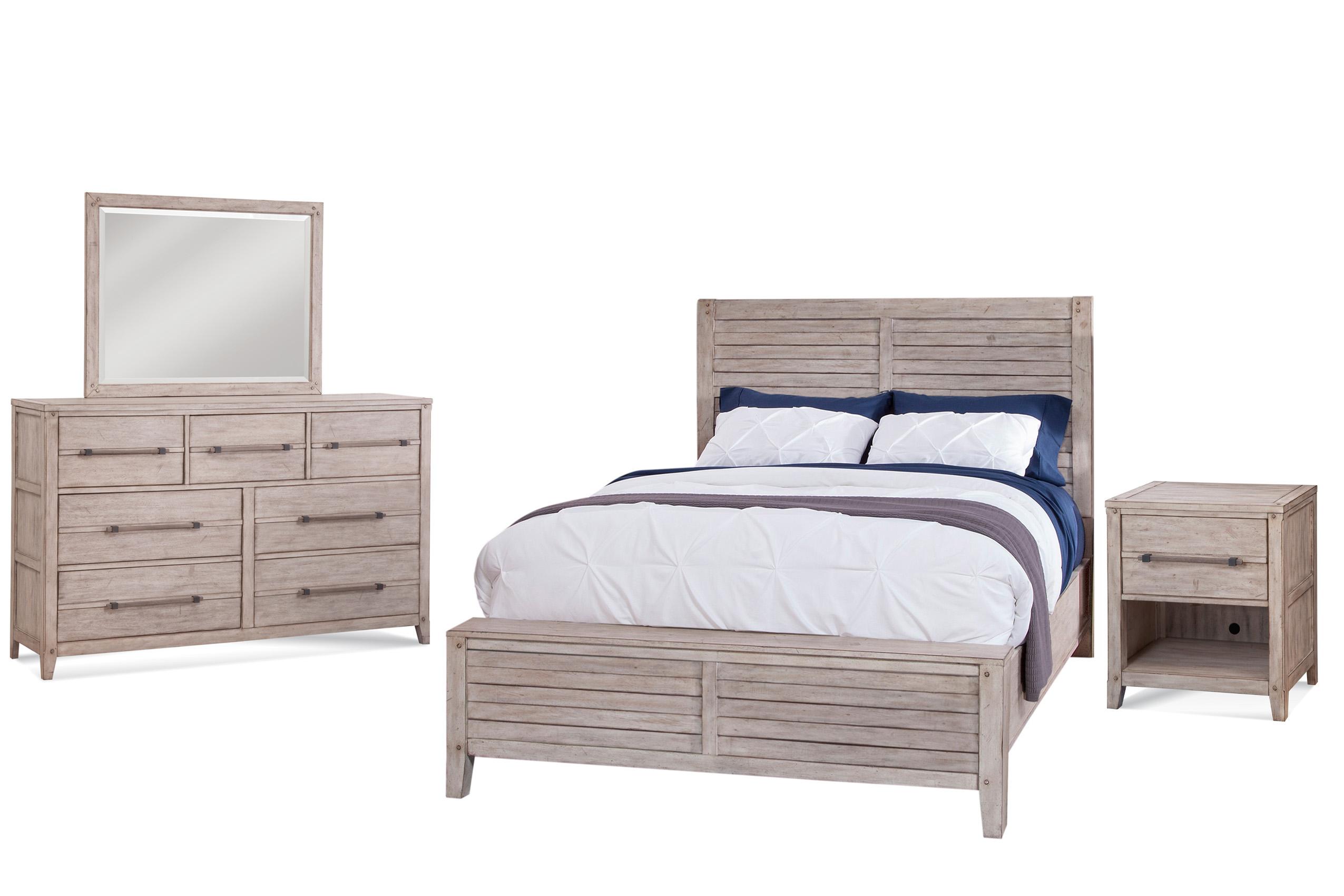 

    
 Photo  Whitewash Queen Panel Bed Set 5Pcs AURORA 2810-QPNPN-5PC American Woodcrafters
