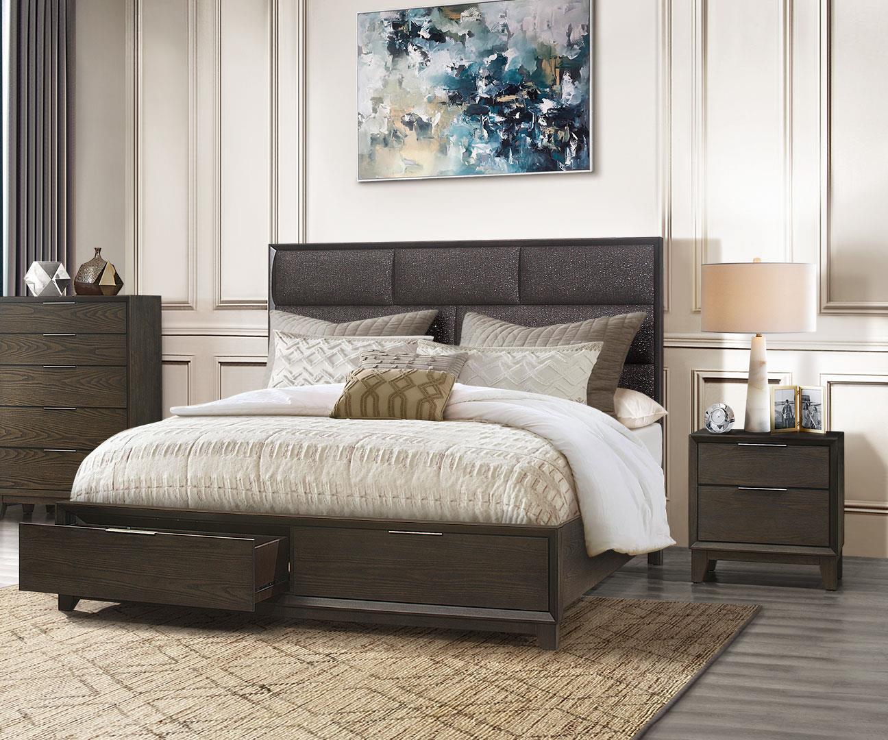 Contemporary Platform Bedroom Set WILLOW WILLOW-KB-Set-3 in Gray, Chocolate Fabric