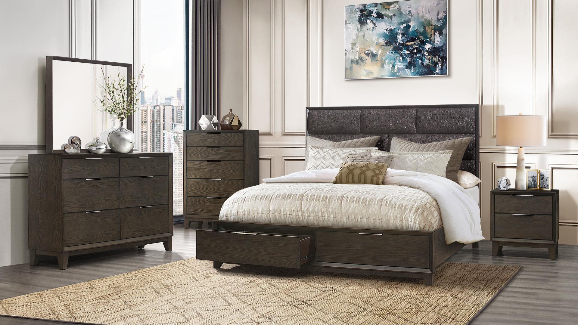 Contemporary Platform Bedroom Set WILLOW WILLOW-KB-Set-5 in Gray, Chocolate Fabric