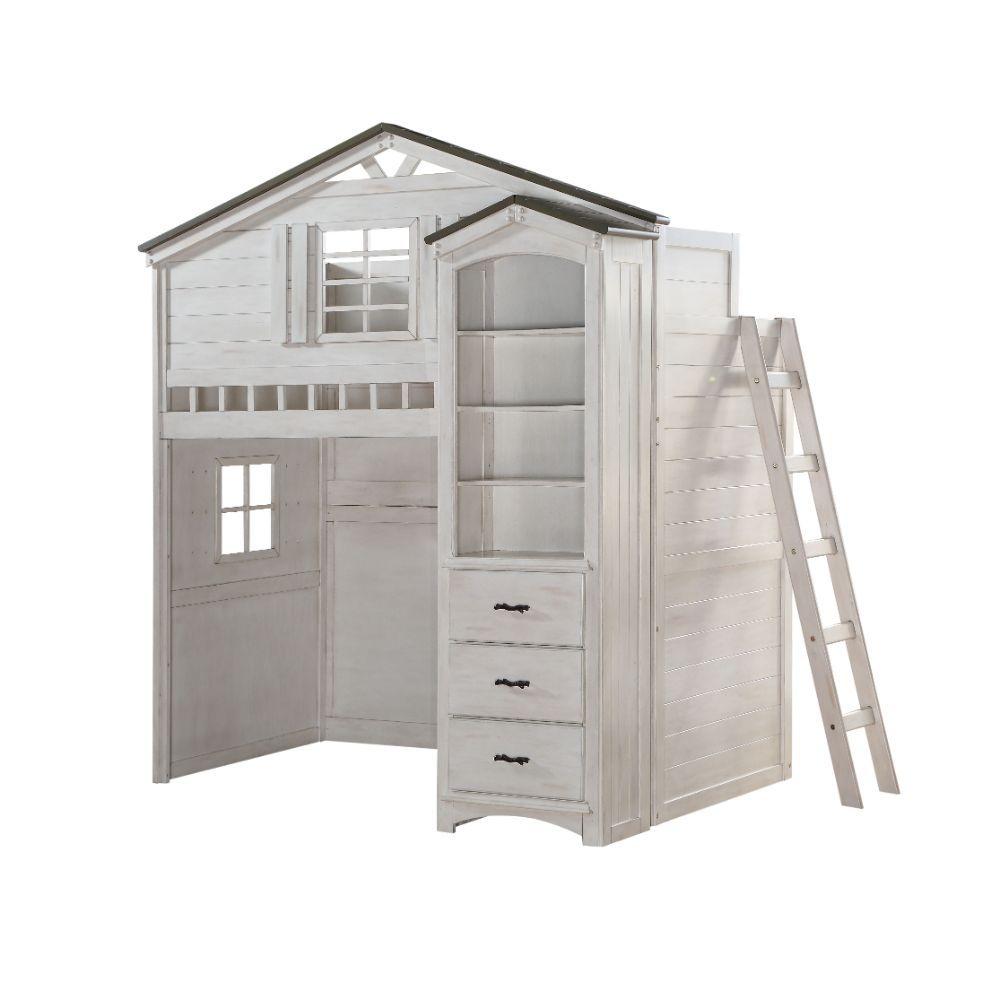

    
Wood Weathered White & Washed Gray Loft Bed + Bookshelf by Acme Tree House 37165-2pcs
