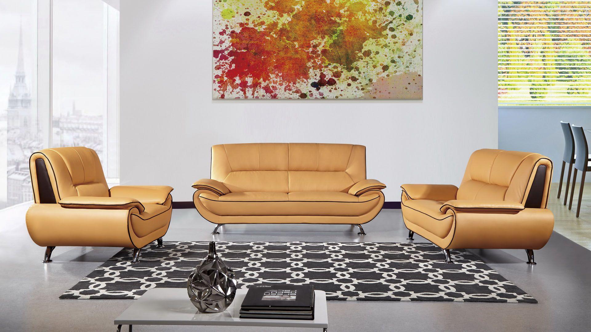 Modern Sofa Set EK9608-YO.BR-SF EK9608-YO.BR-SF-Set-3 in Yellow, Brown Top grain leather